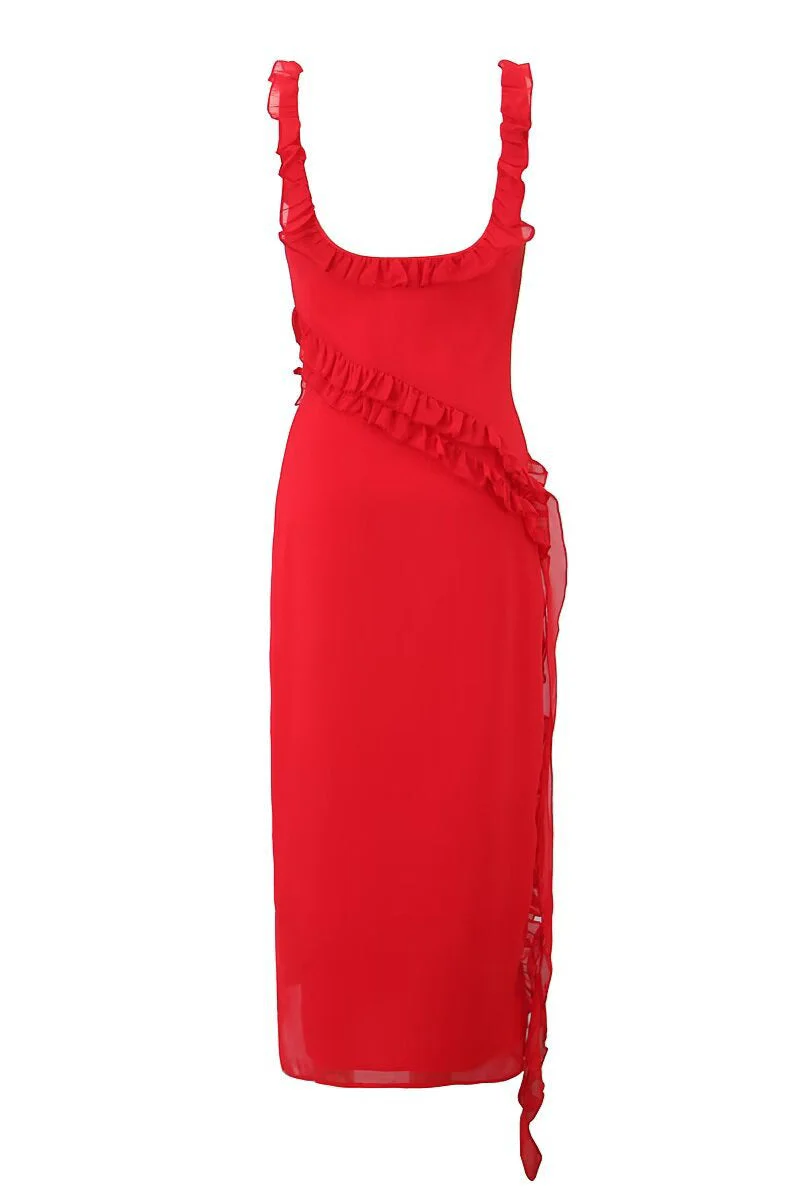 Straps Red Ruffle Long Summer Dress with Slit