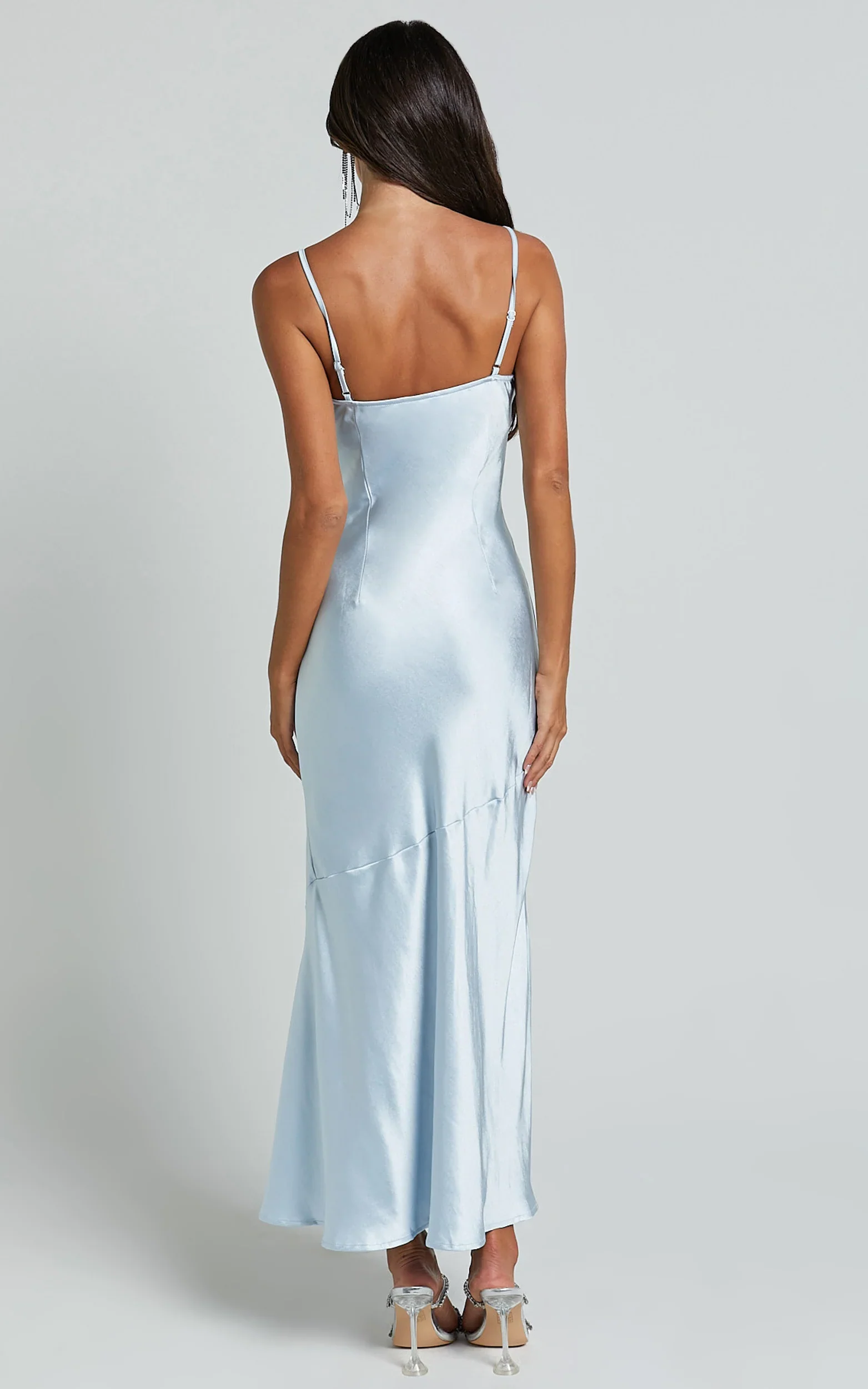 Ylona Maxi Dress - Asymmetric Draped Bias Cut Satin Slip Dress in Ice Blue