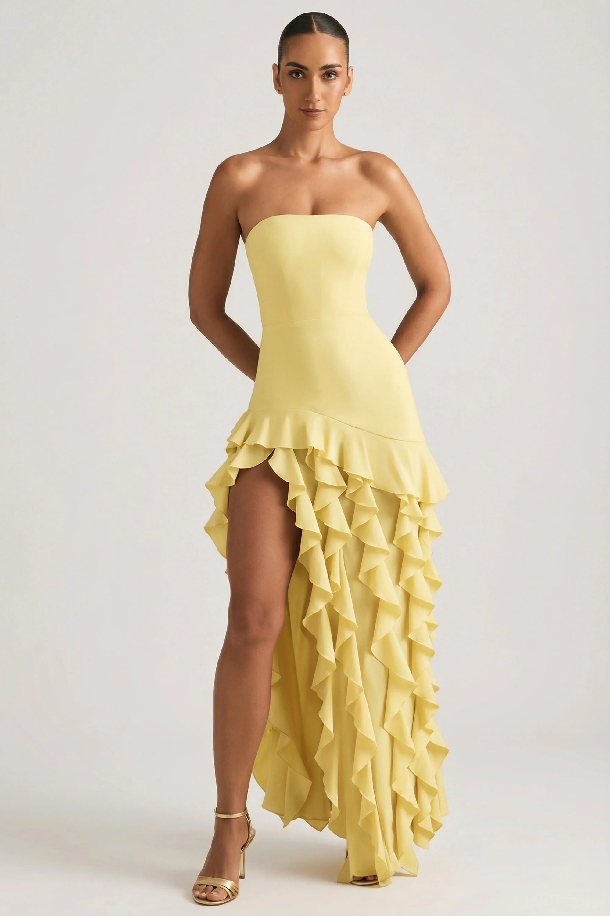 Ruffle-Trim Strapless Gown in Daffodil