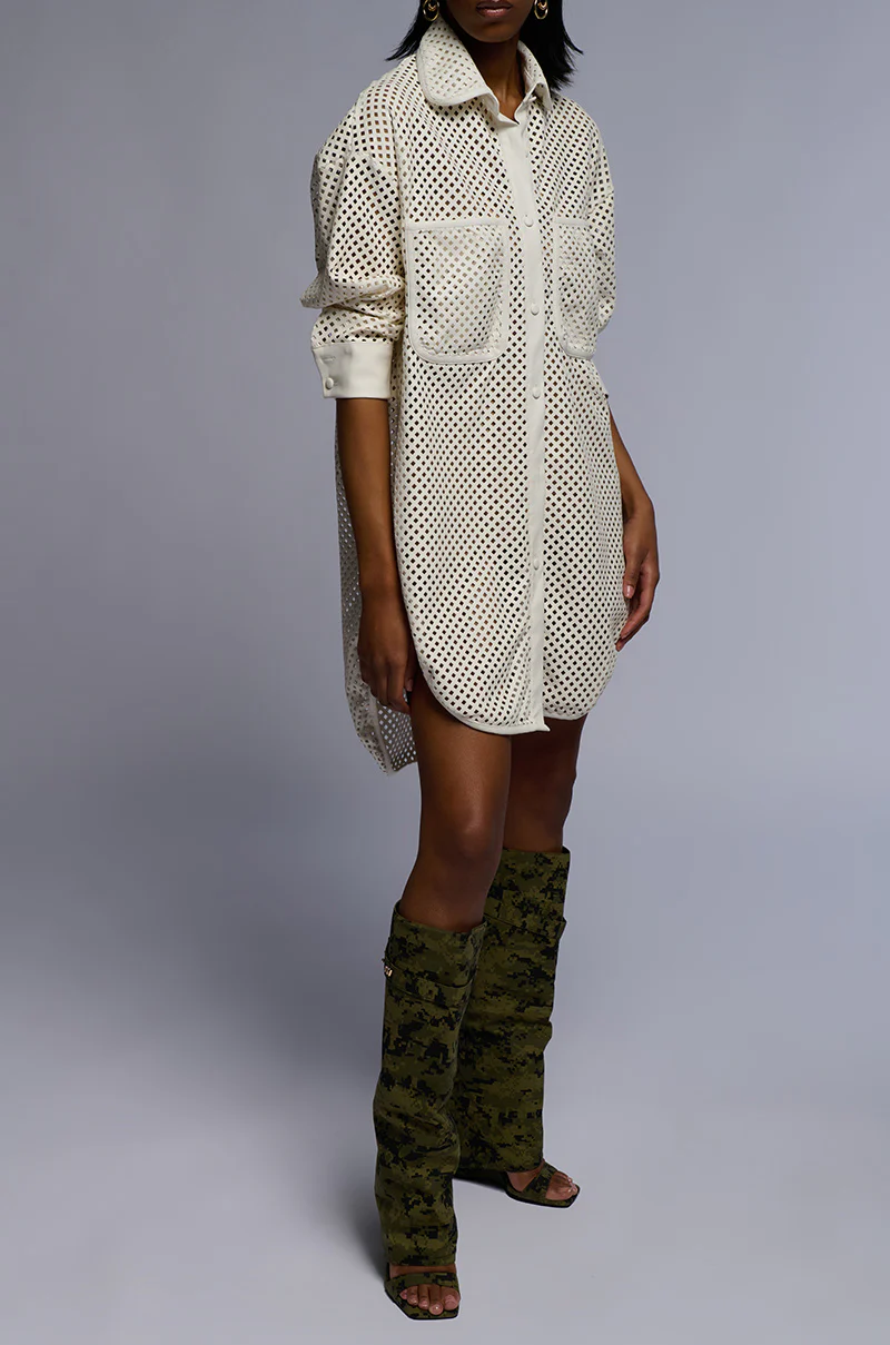 Picnic Mode Laser Cut Faux Leather Button Down Mini Dress In White