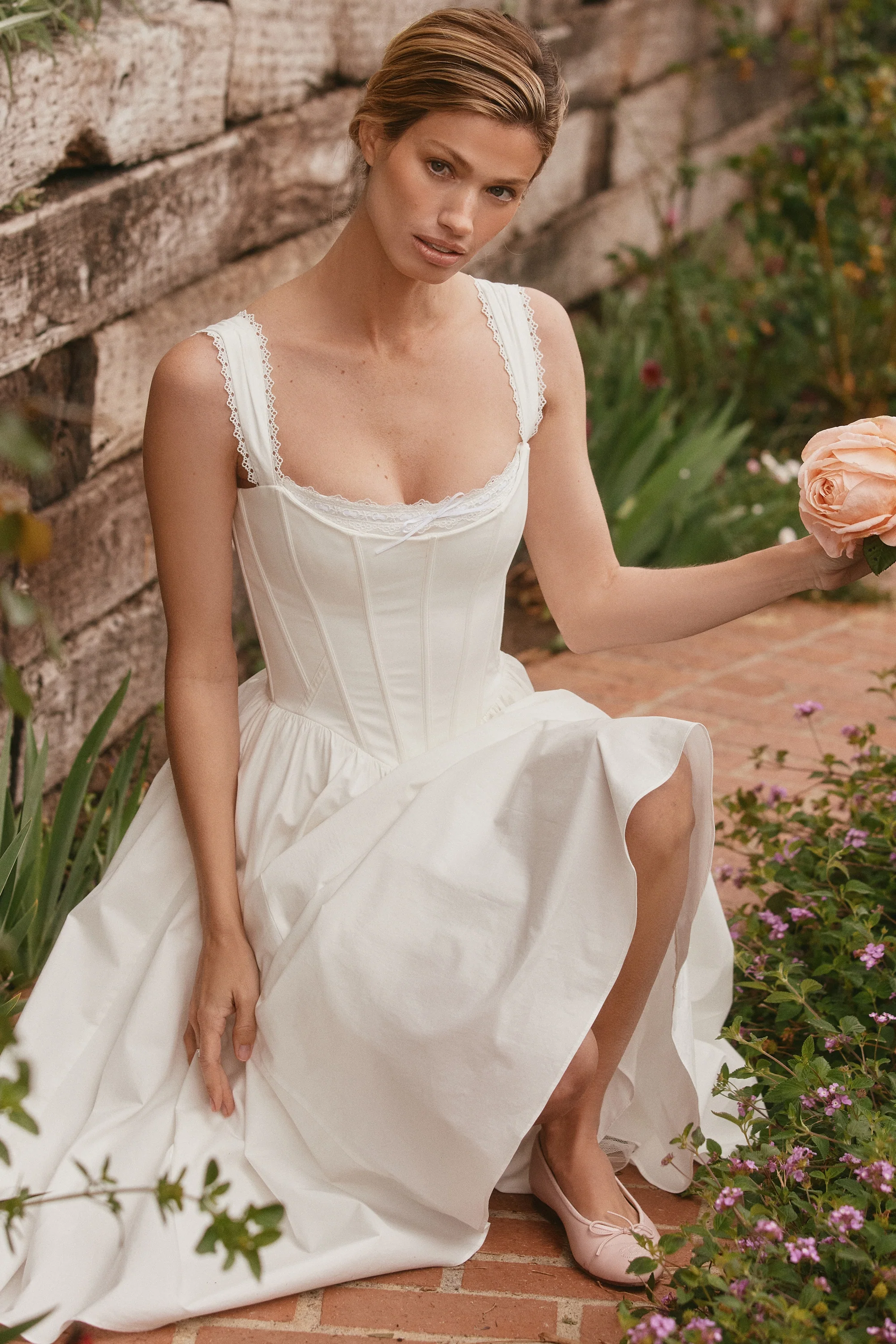 White Stretch Cotton Corset Midi Dress