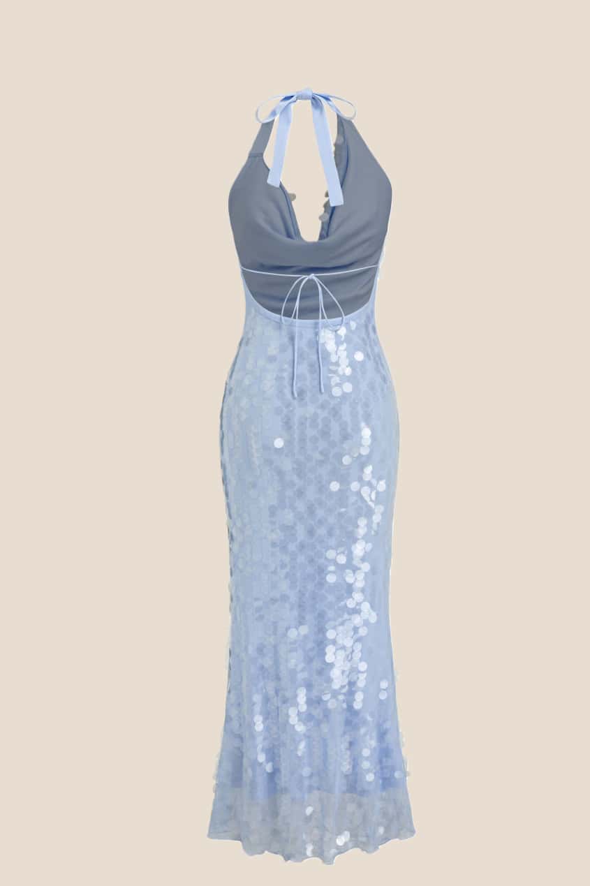 Blue Sequin Cowl Neck Fitted Long Dress