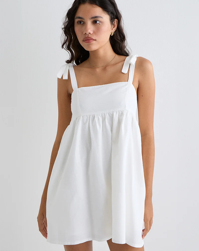 Kayla Square Neck Mini Dress in Linen Ivory