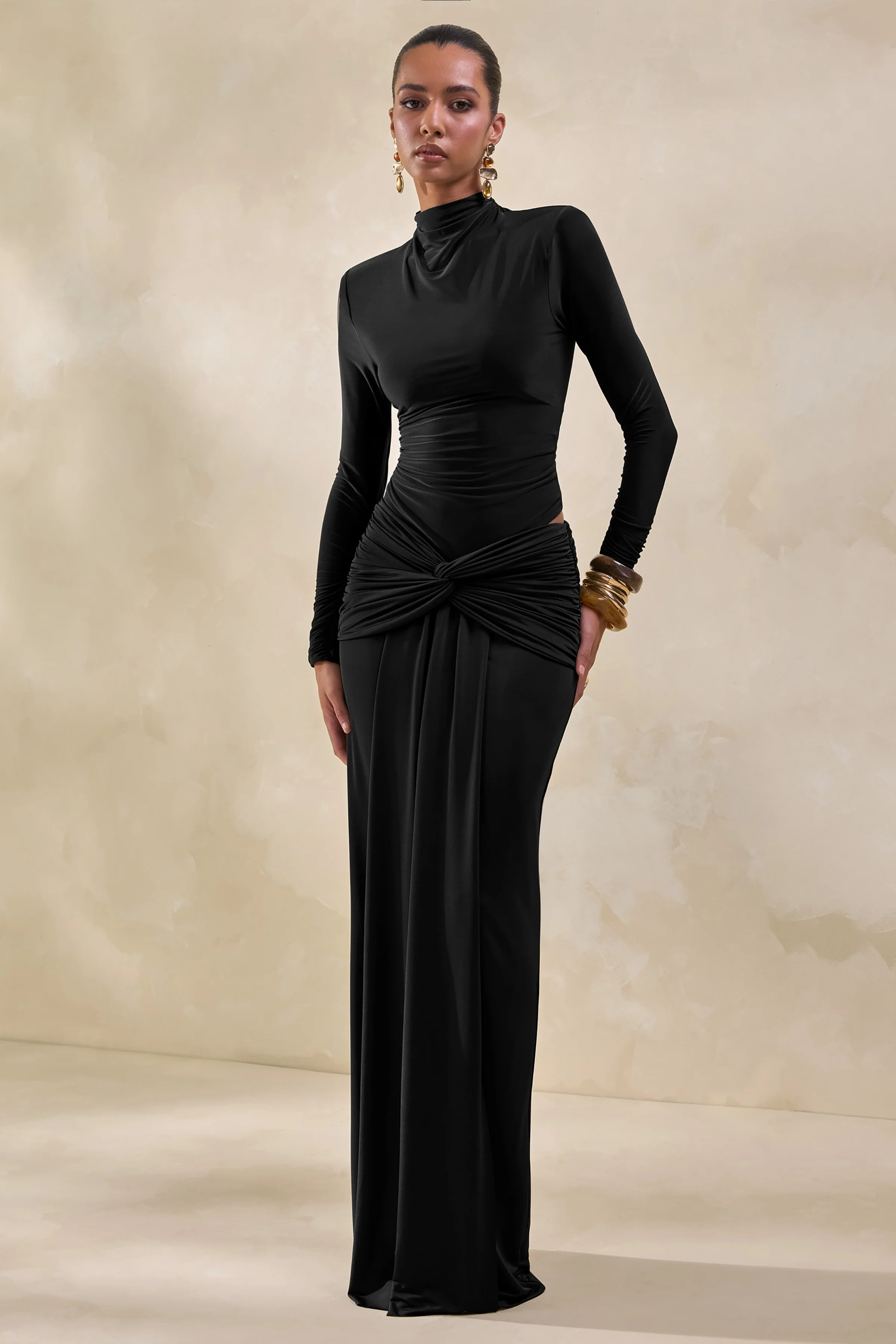 Theria | Black Maxi Skirt With Gathering And Knot Detail