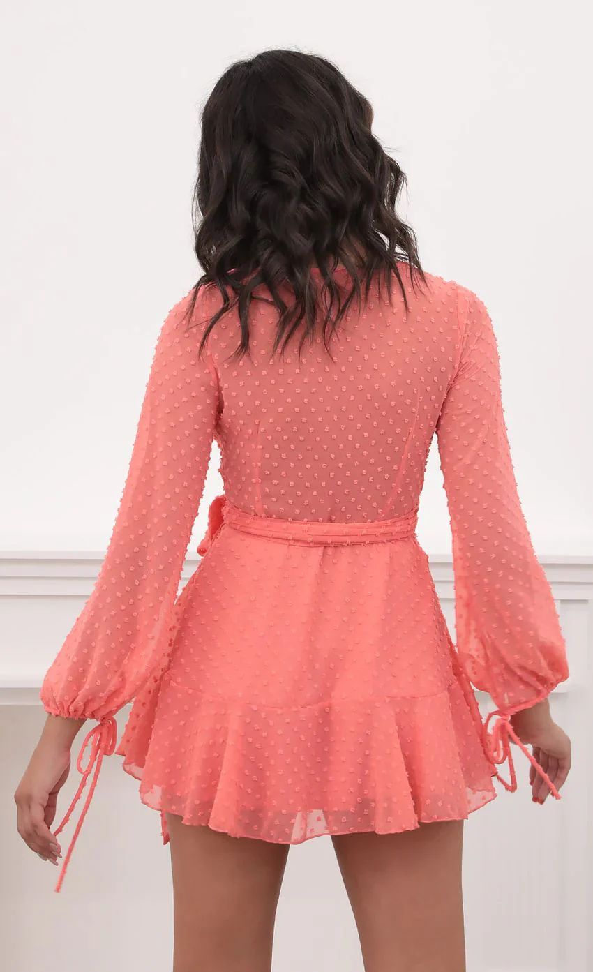 Dotted Long Sleeve Wrap Dress in Coral
