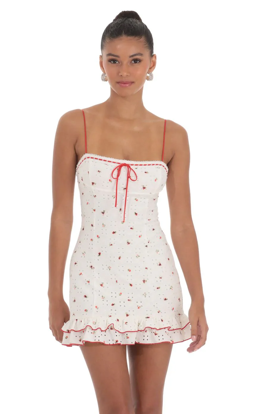 Floral Eyelet Ruffle Dress in White