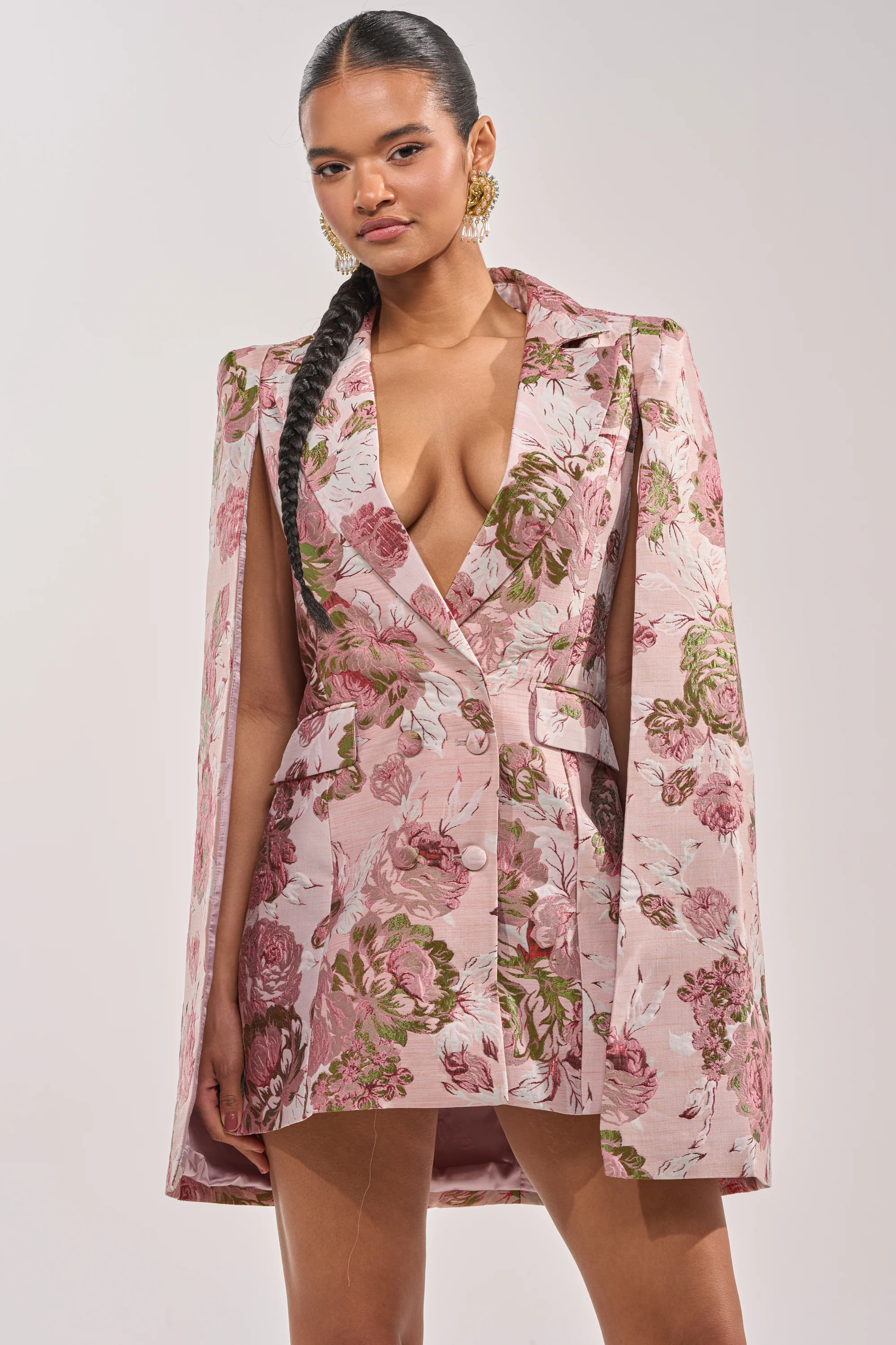 Imani Brocade Cape Sleeve Blazer Dress In Pink
