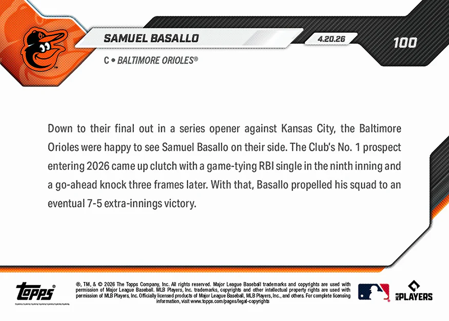 Samuel Basallo - 2026 MLB Topps NOW® - Card 100 - PR: 901