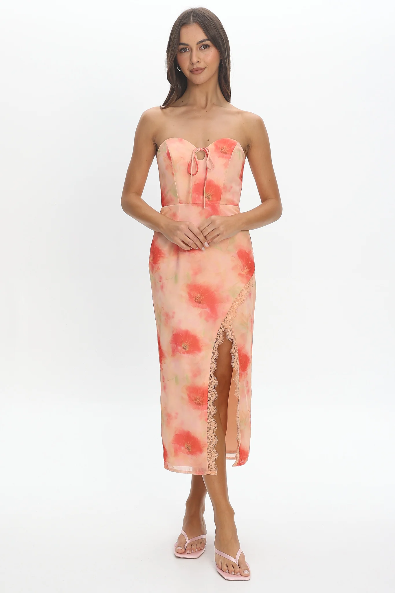 Sunny Ave Sweetheart Neckline Midi Dress Floral Red