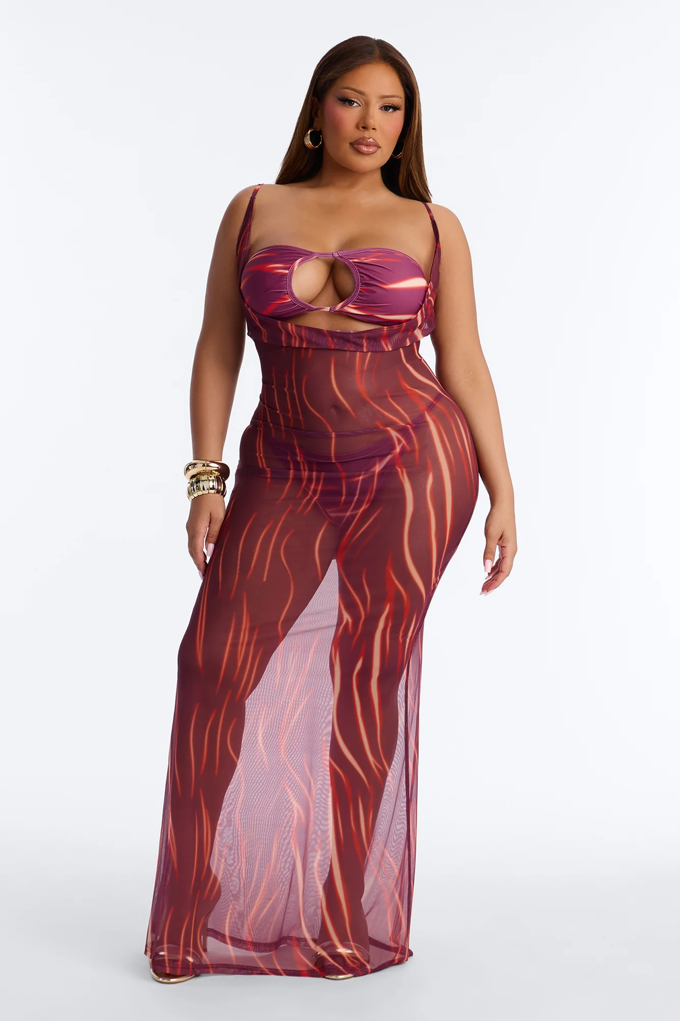 Soul On Fire 3 Piece Bandeau Bikini & Cover Up Plunge Maxi Dress - Red/combo