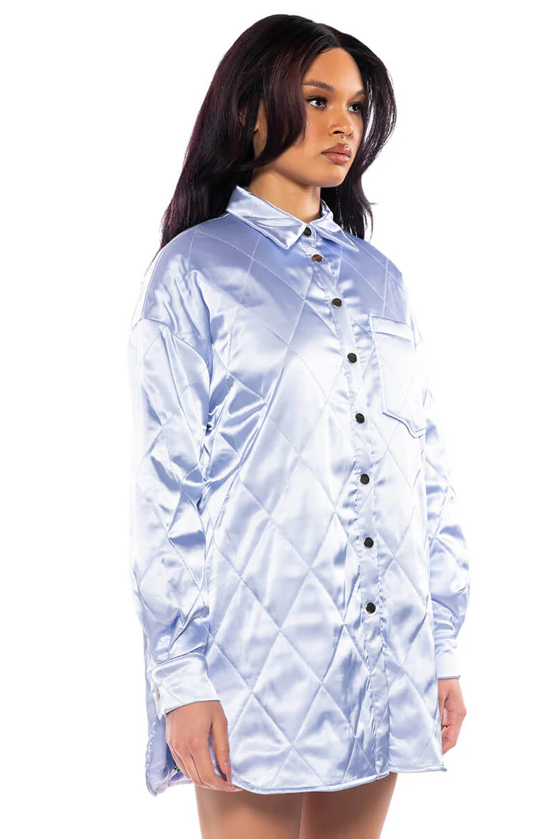 Nothing Personal Quilted Satin Button Down Shirt Dress