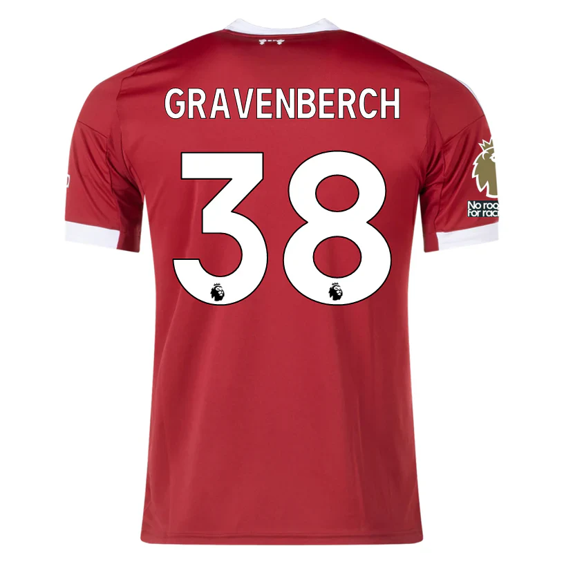 Gravenberch Men's Liverpool Home Jersey 25/26 w/ NRFR + EPL Champions Patch (Strawberry Red)
