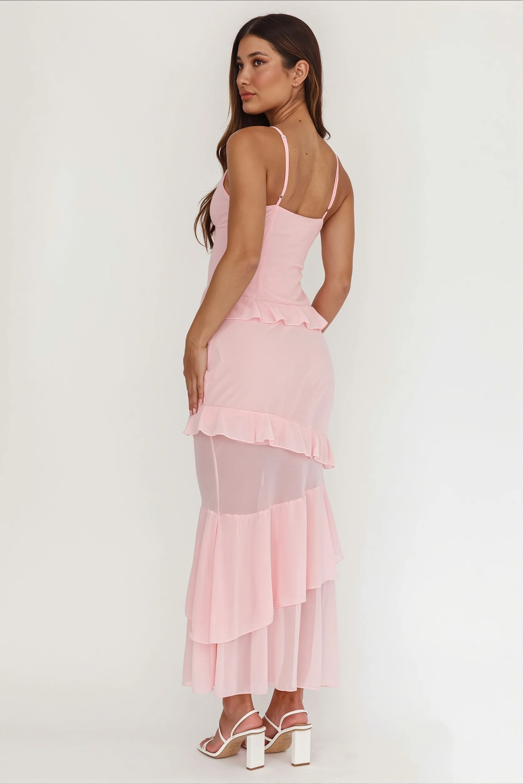 Flowy Solid Ruffle Slim Cami Maxi Dress