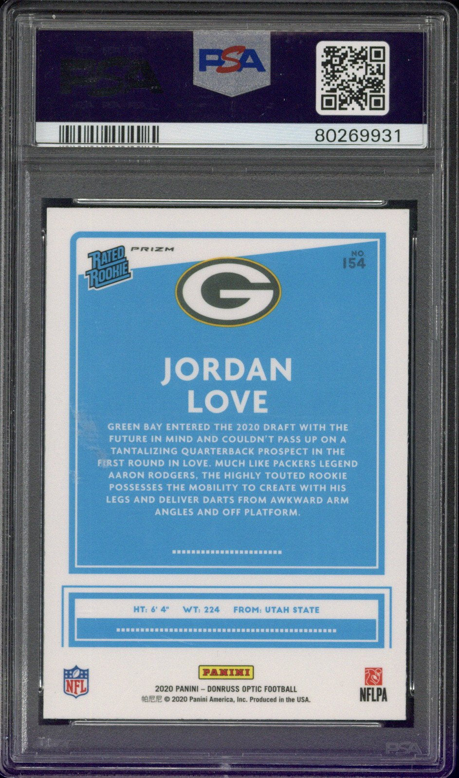 2020 Panini Donruss Optic Jordan Love Holo #154 PSA 10