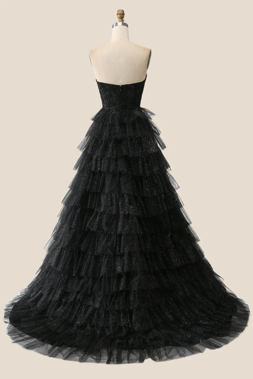 Black Appliques Tulle Tiered Ruffles Long Party Dress