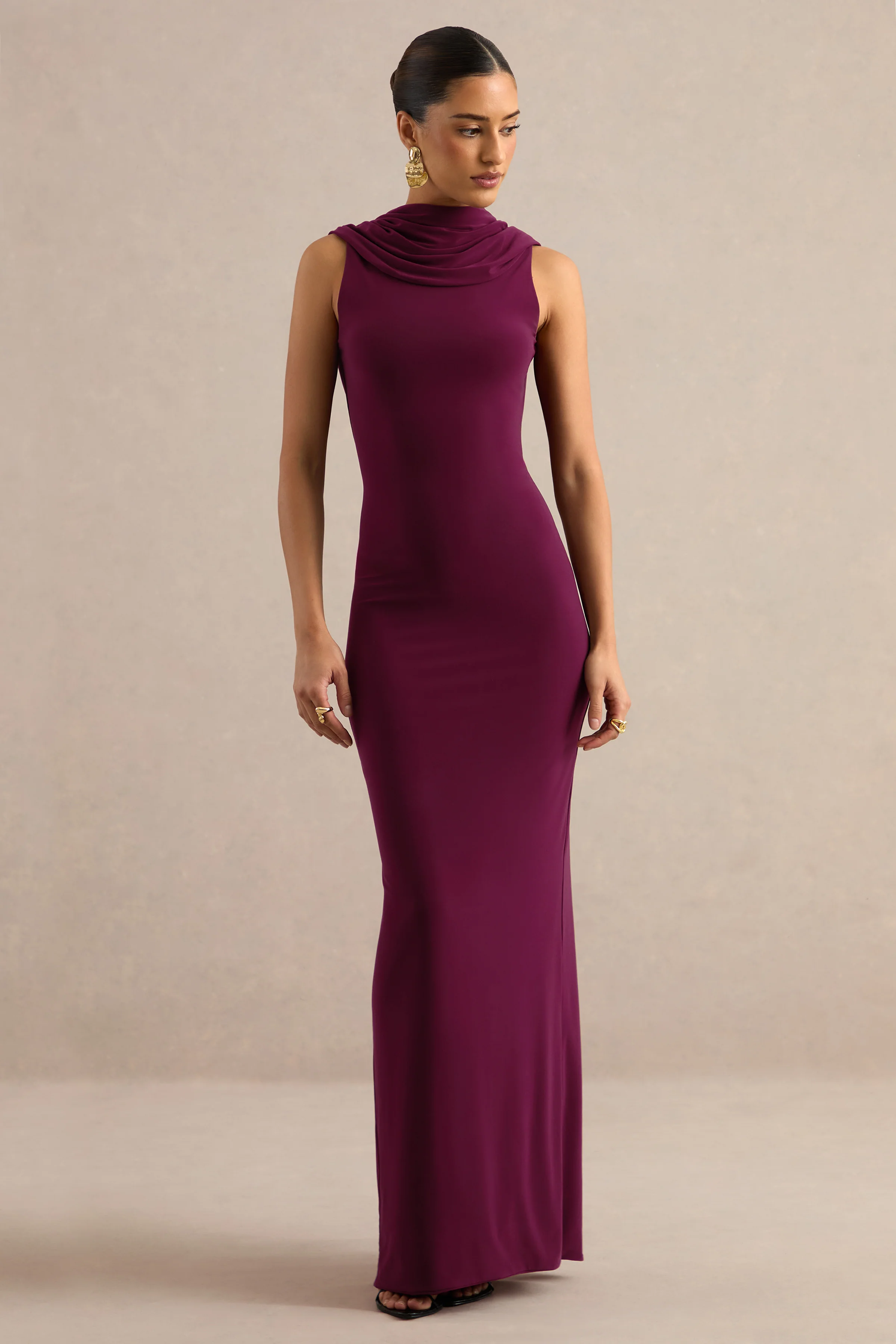 Jolina | Burgundy Jersey High Neck Maxi Dress With Draped Detailing