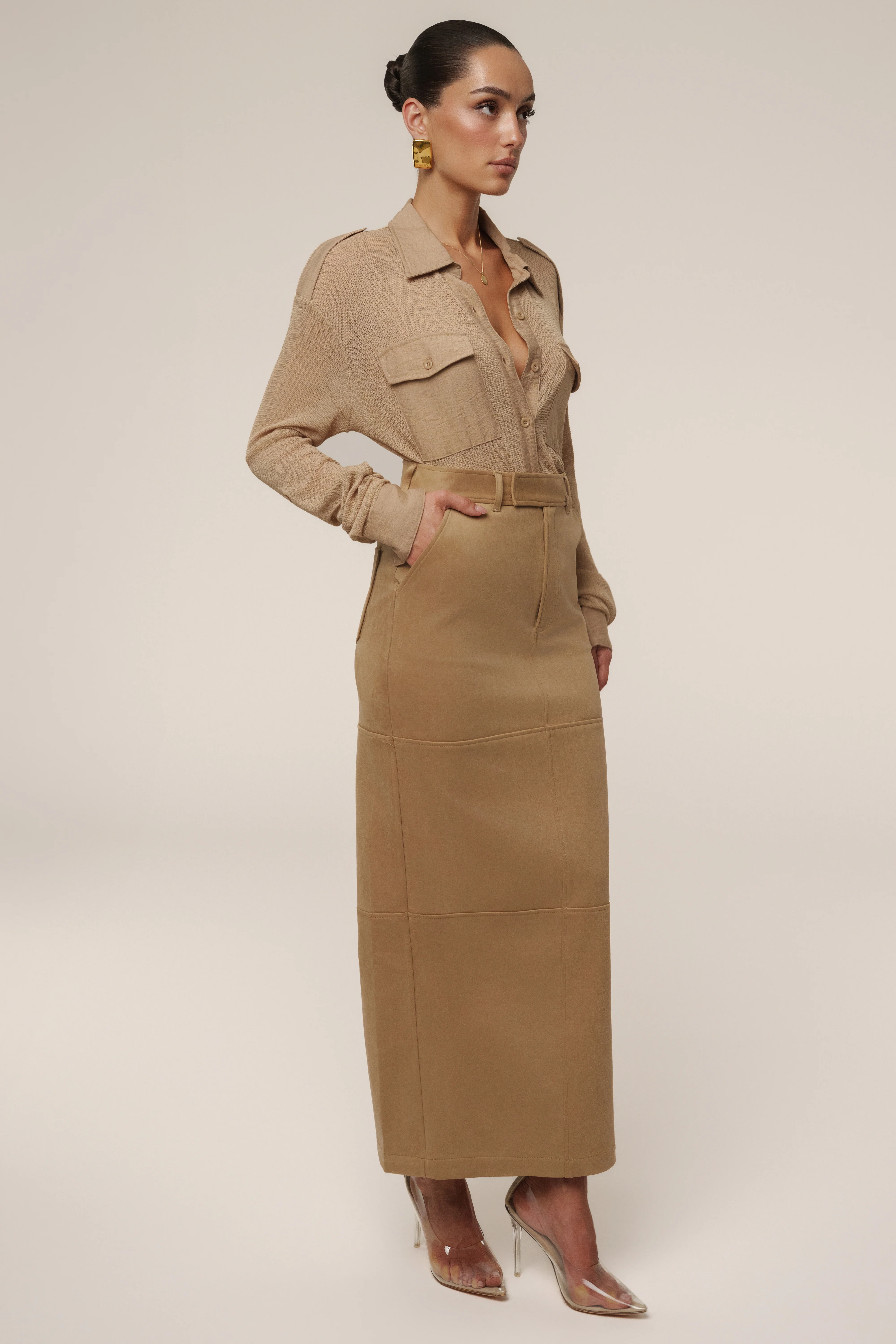 Beige Joy Suede Maxi Skirt
