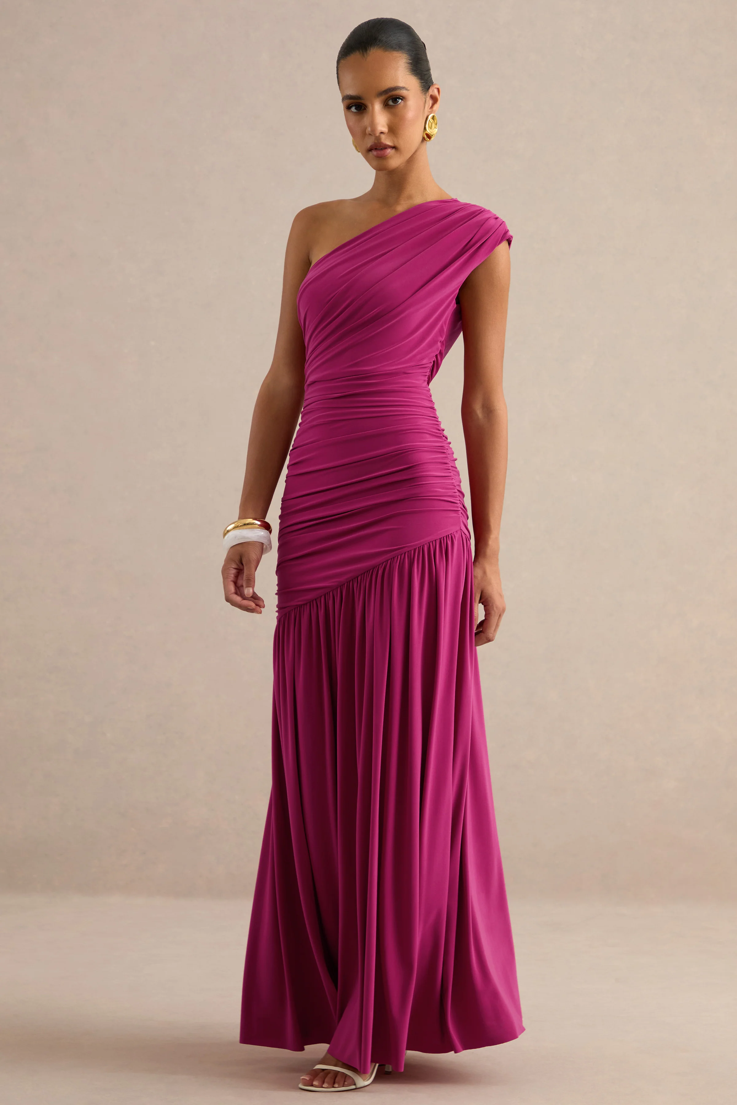 Alaya | Hot Pink Asymmetric-Neck Maxi Dress With Drop-Waist