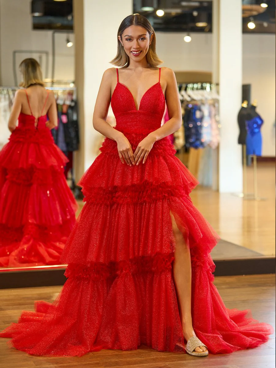 Amanda| A-Line Spaghetti Straps Long Tiered Tulle Prom Dress With Split