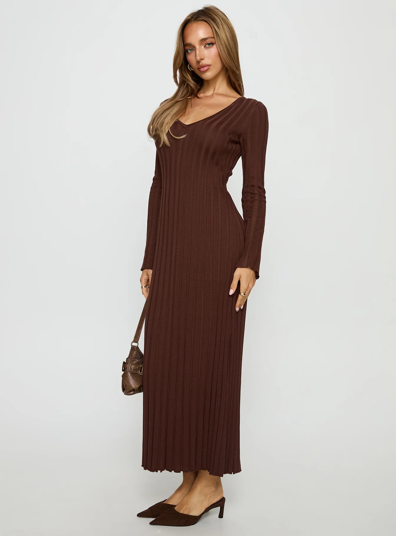 Gratuita Long Sleeve Rib Maxi Dress Chocolate