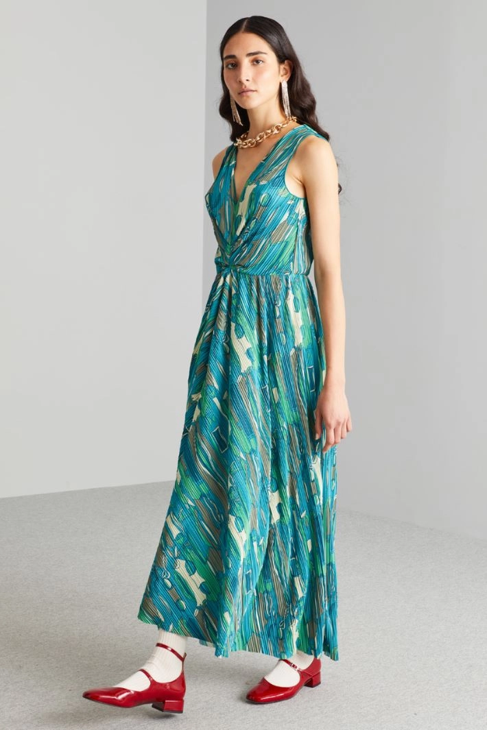 Long pleated jersey dress - PETROL GREEN
