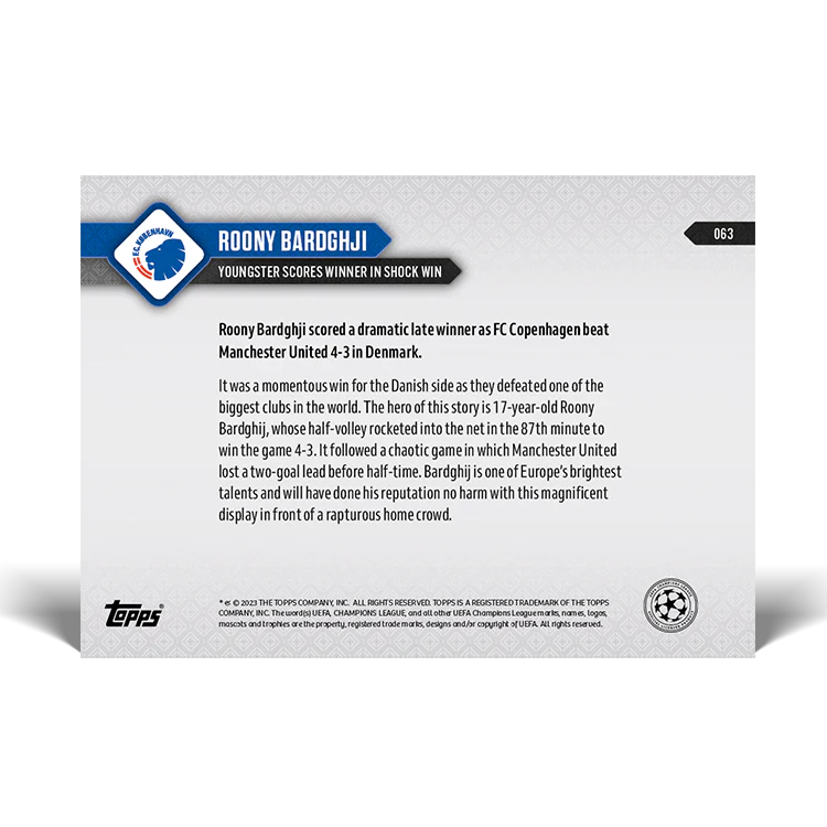 Topps UK - Roony Bardghji - Youngster scores winner in shock win - UCL TOPPS NOW® Card #63