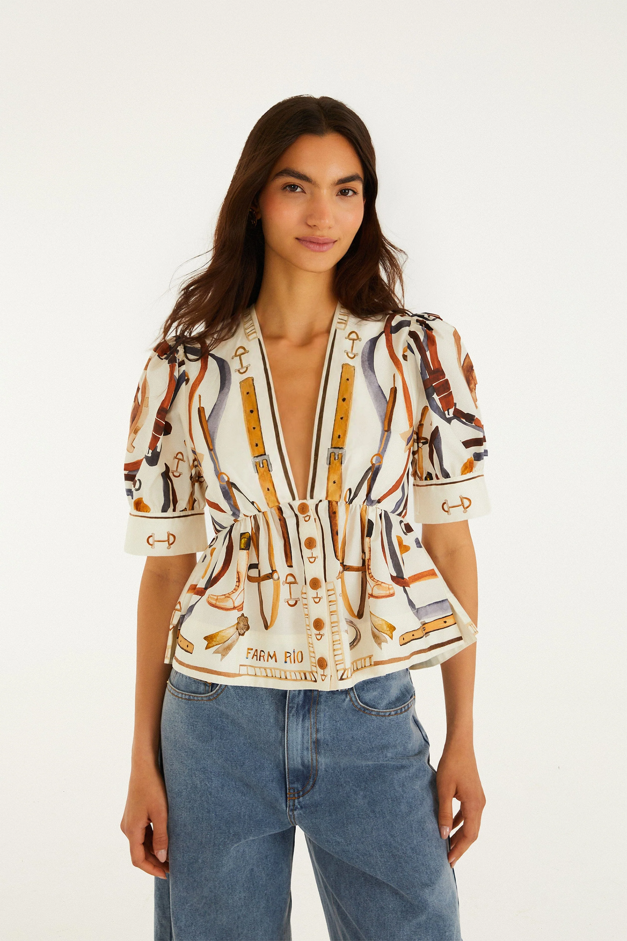 Off-White Equestrian Scarf Short Puff Sleeve Blouse