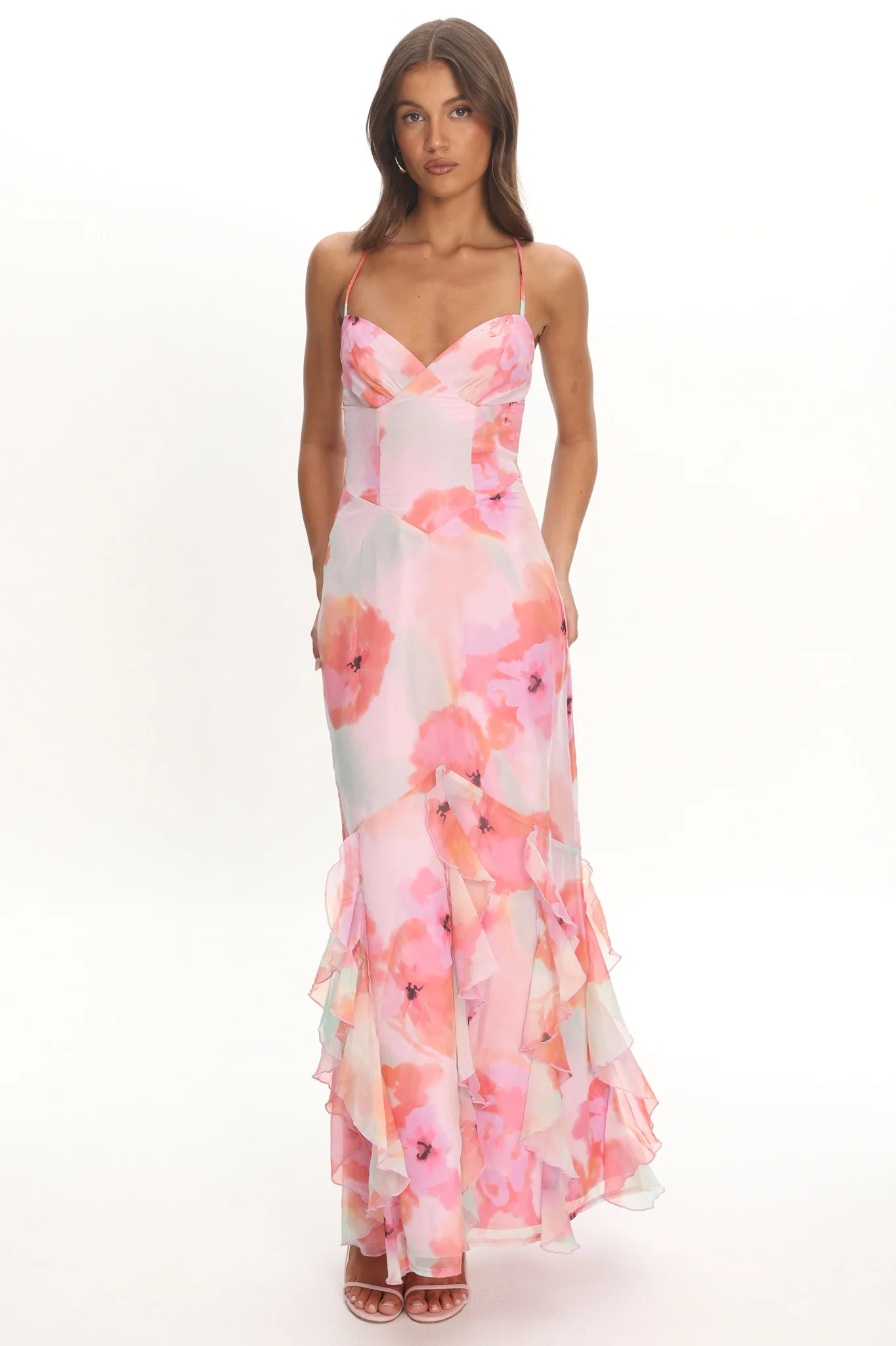 Charlisa Strappy Back Ruffle Maxi Dress Flowers Pink