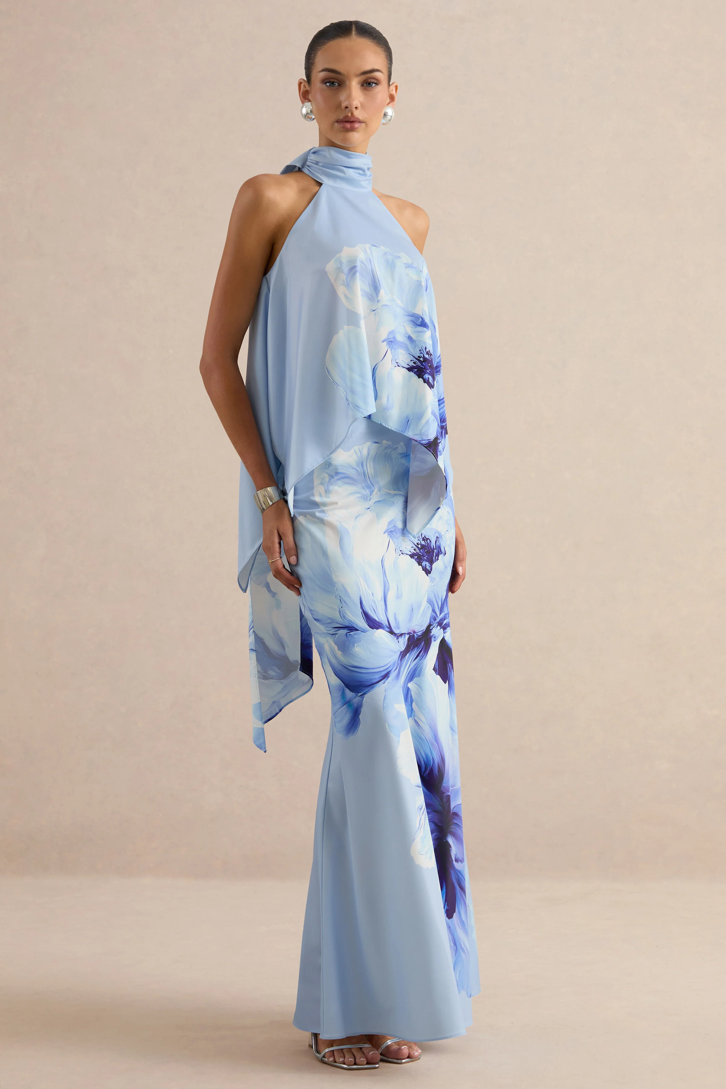 Vayla | Blue Floral Print Satin High Rise Maxi Skirt