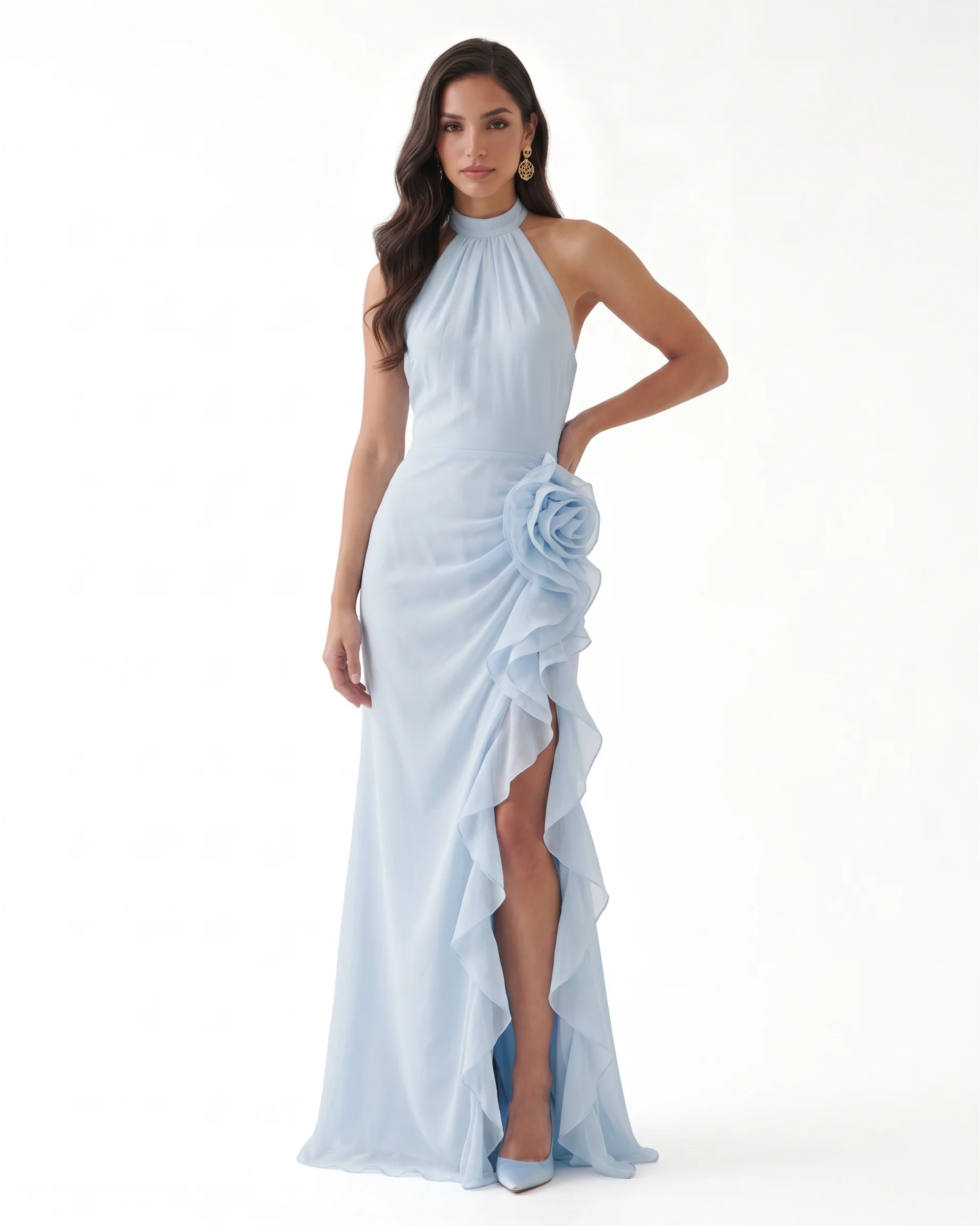 Halter Ruffle Rosette Slit Maxi Dress - Light Blue