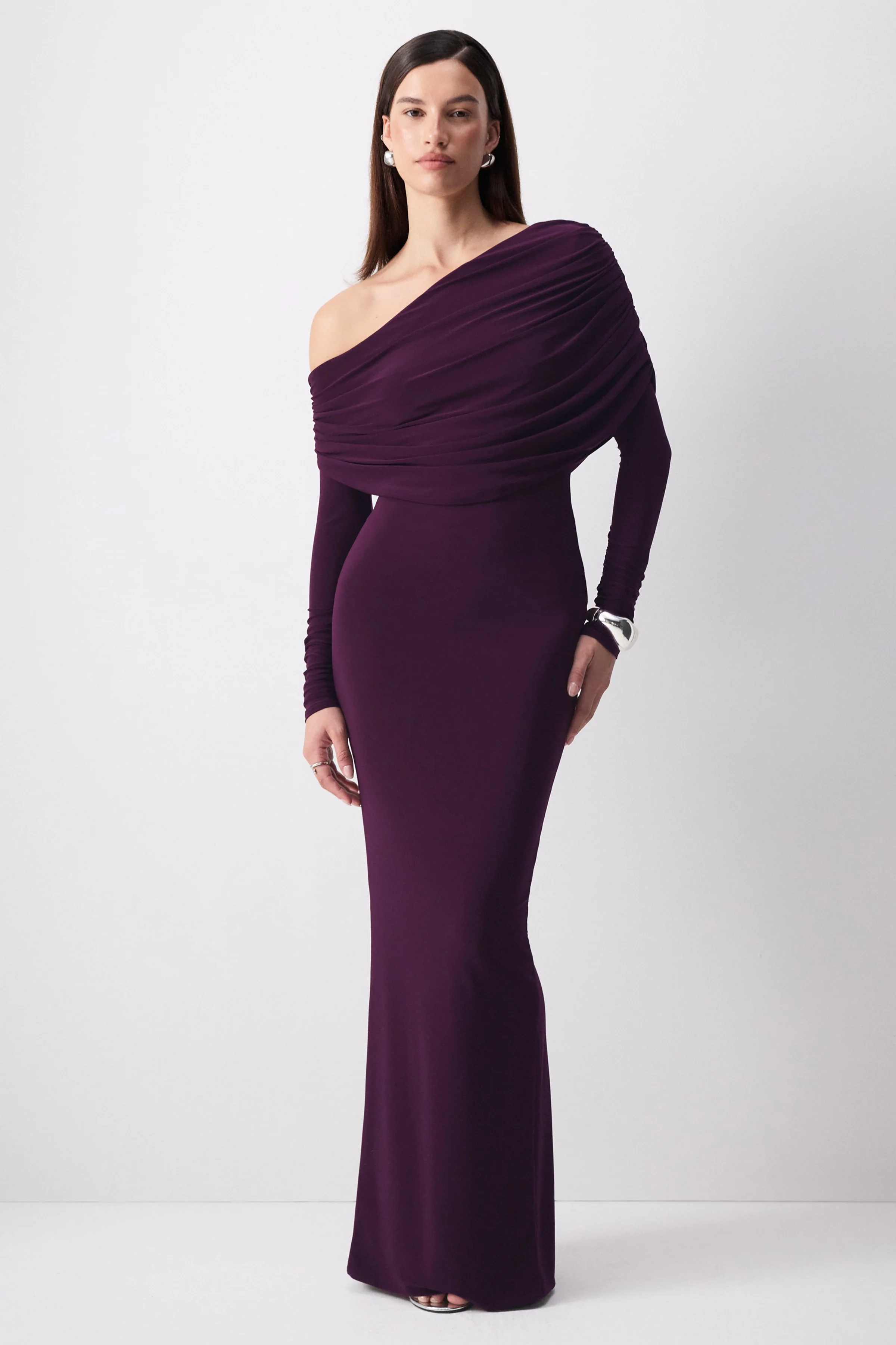 Cadia | Purple Jersey One Shoulder Long Sleeve Maxi Dress With Ruching