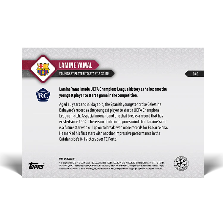Topps UK - Lamine Yamal - UEFA Champions League Record: Youngest player to start a game - UCL TOPPS NOW® Card #40