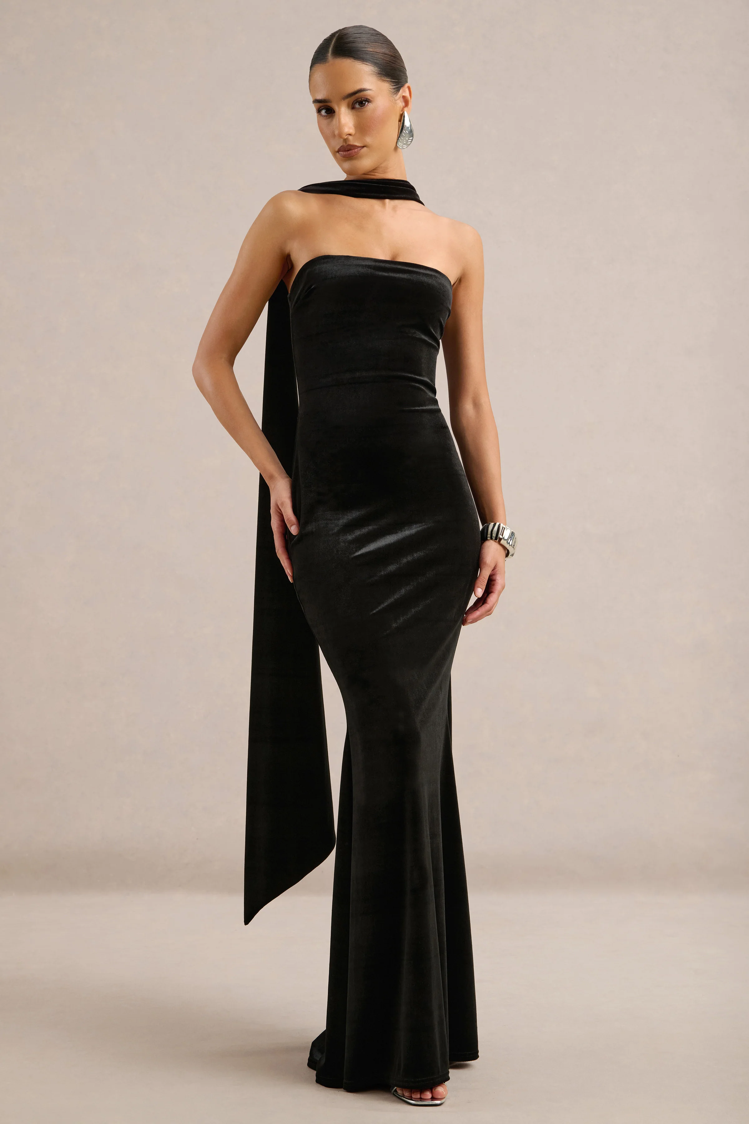 Vesperine | Black Velvet Bandeau Maxi Dress With Back Split And Scarf Detail