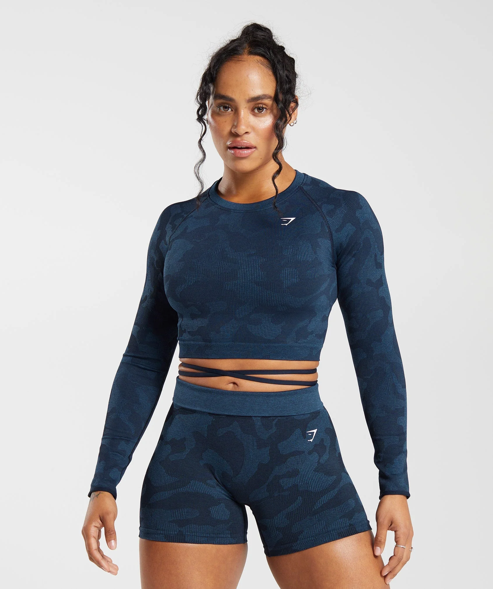 Adapt Camo Seamless Ribbed Long Sleeve Crop Top Midnight Blue/Ash Blue