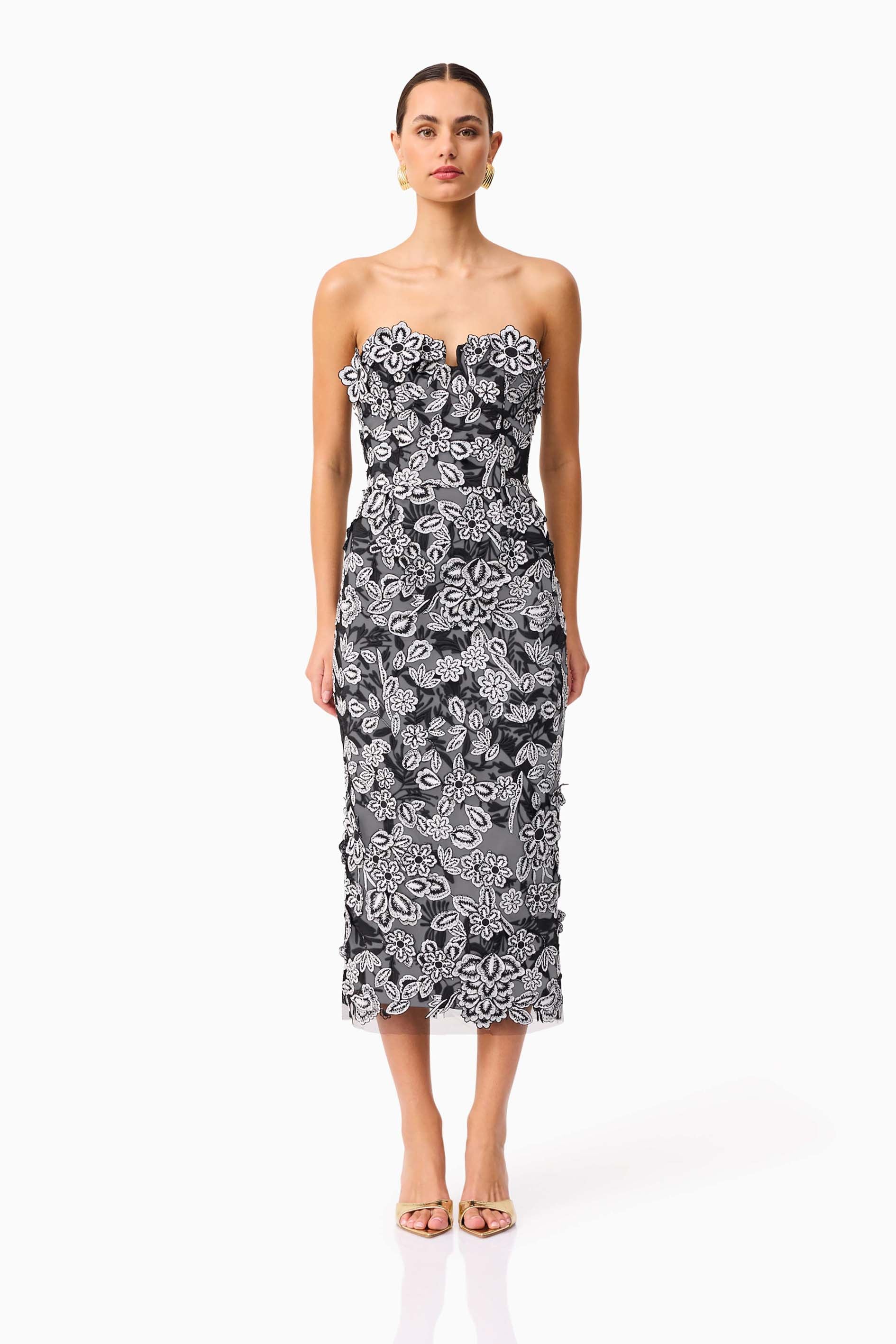 Roseate Strapless Midi Dress in Black