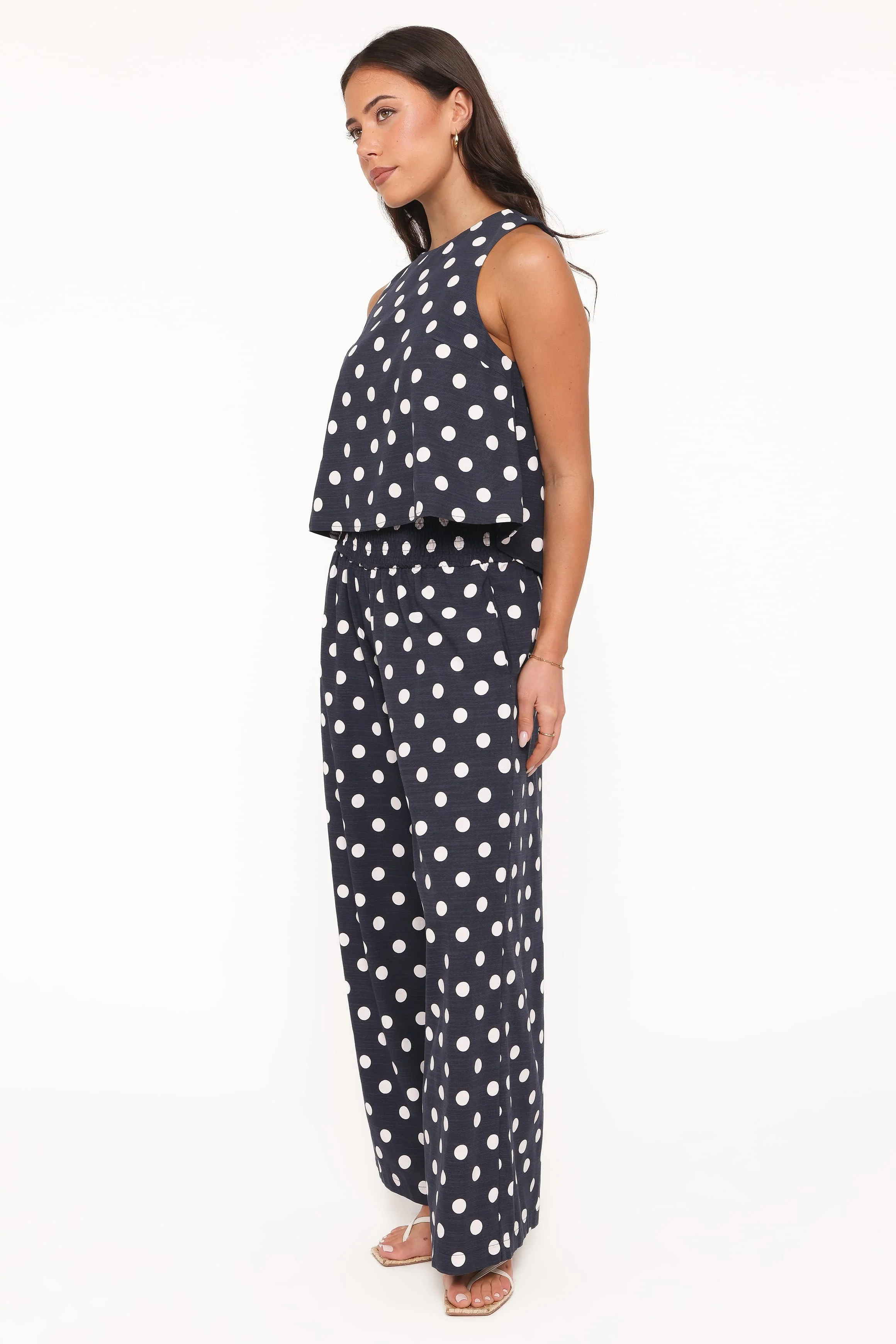 Jillian Smocked Pant Set - Navy Polka Dot