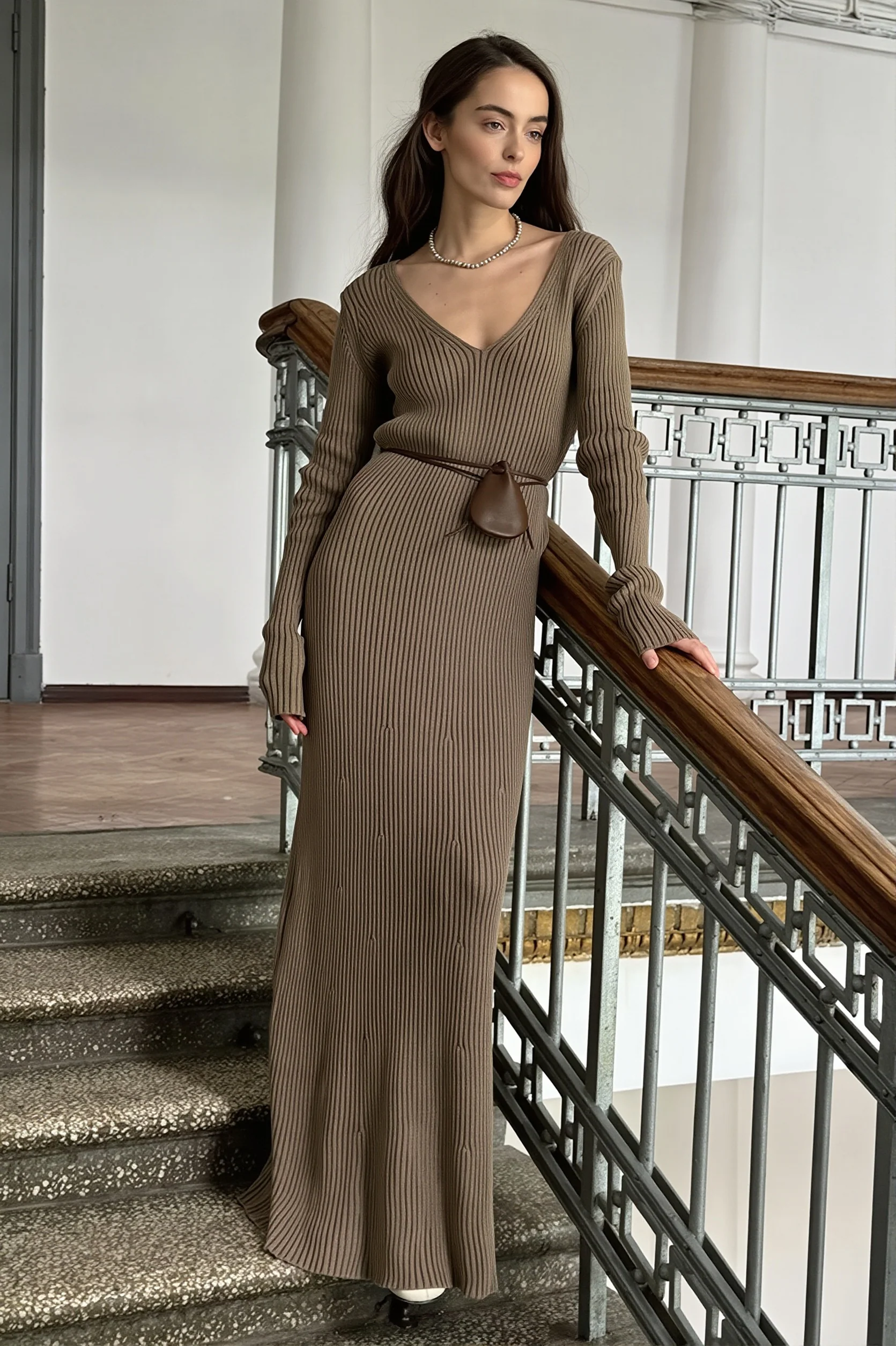 Solid Knit V-Neck Bodycon Maxi Dress