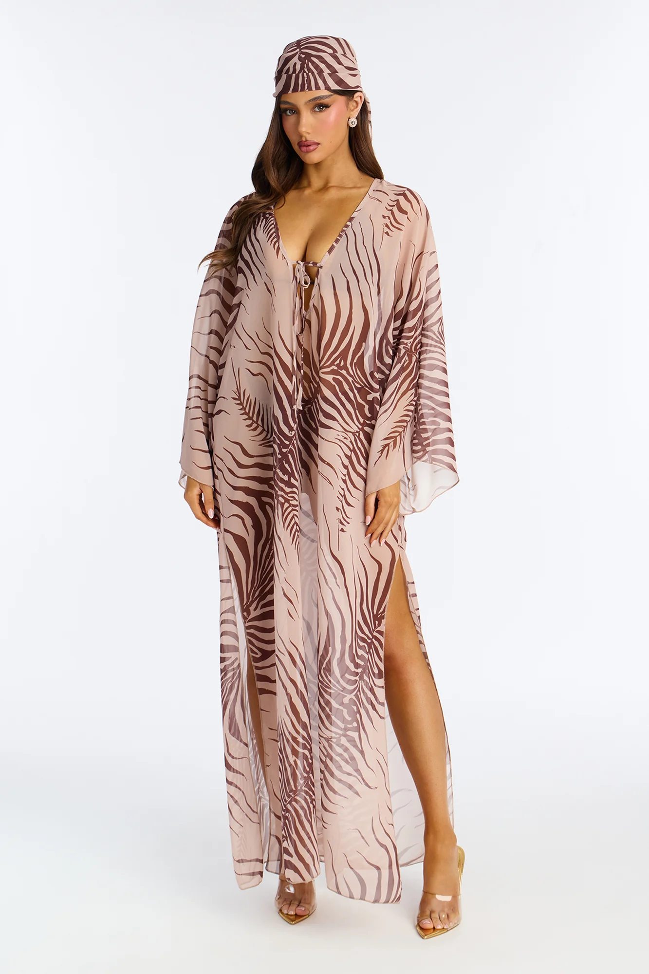 Amelie Maxi Cover Up Kaftan & Matching Headscarf - Brown/combo