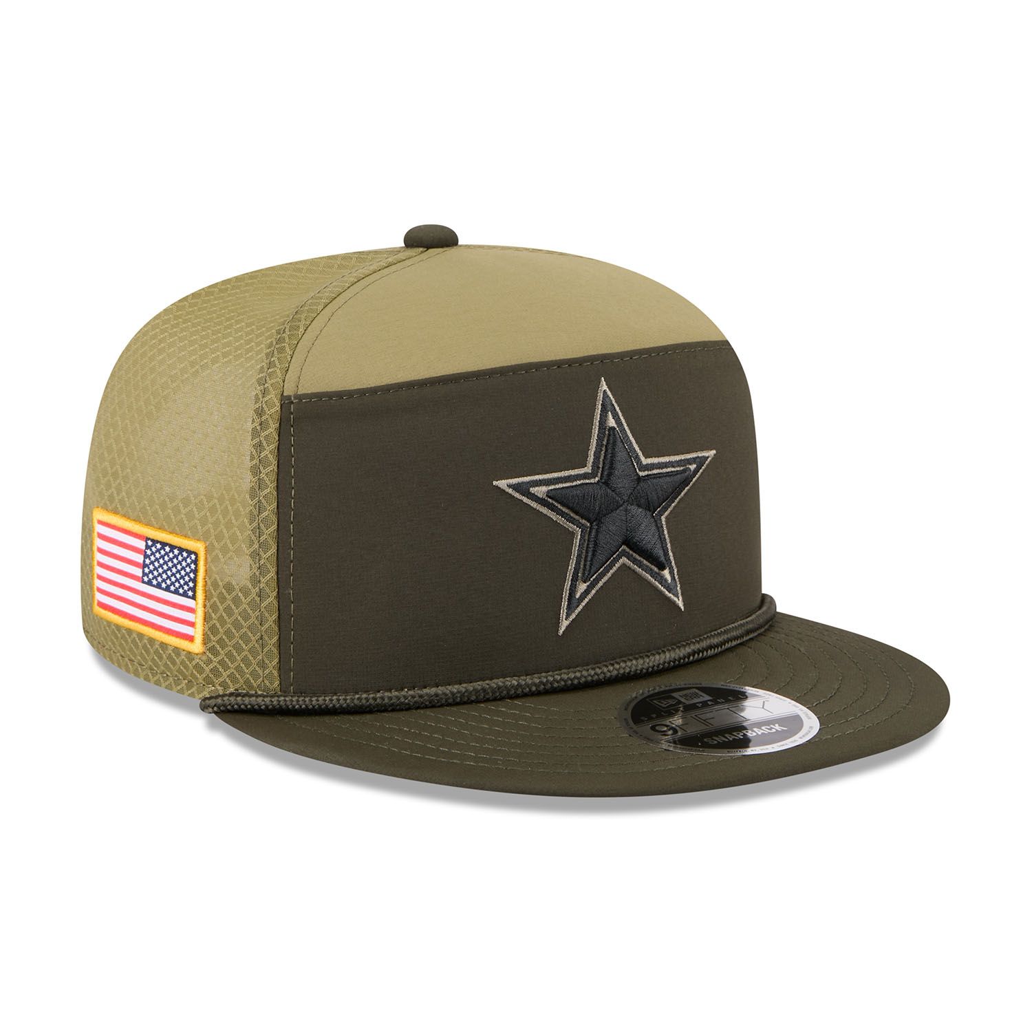 Dallas Cowboys 2025 NFL Salute to Service 9FIFTY Split Panel Trucker Snapback Cap Olive