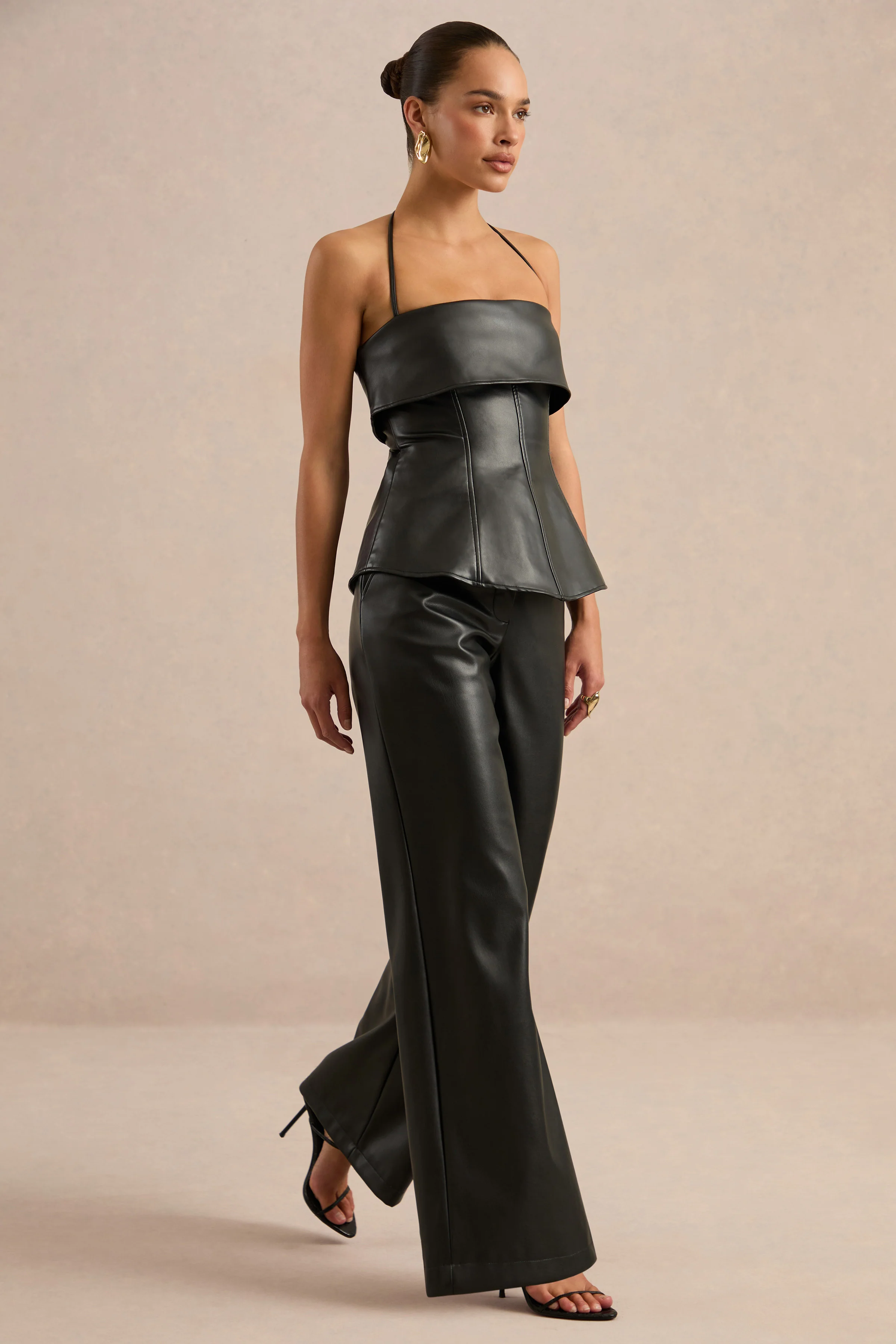 Gaelina | Black Faux Leather Straight Leg Trousers