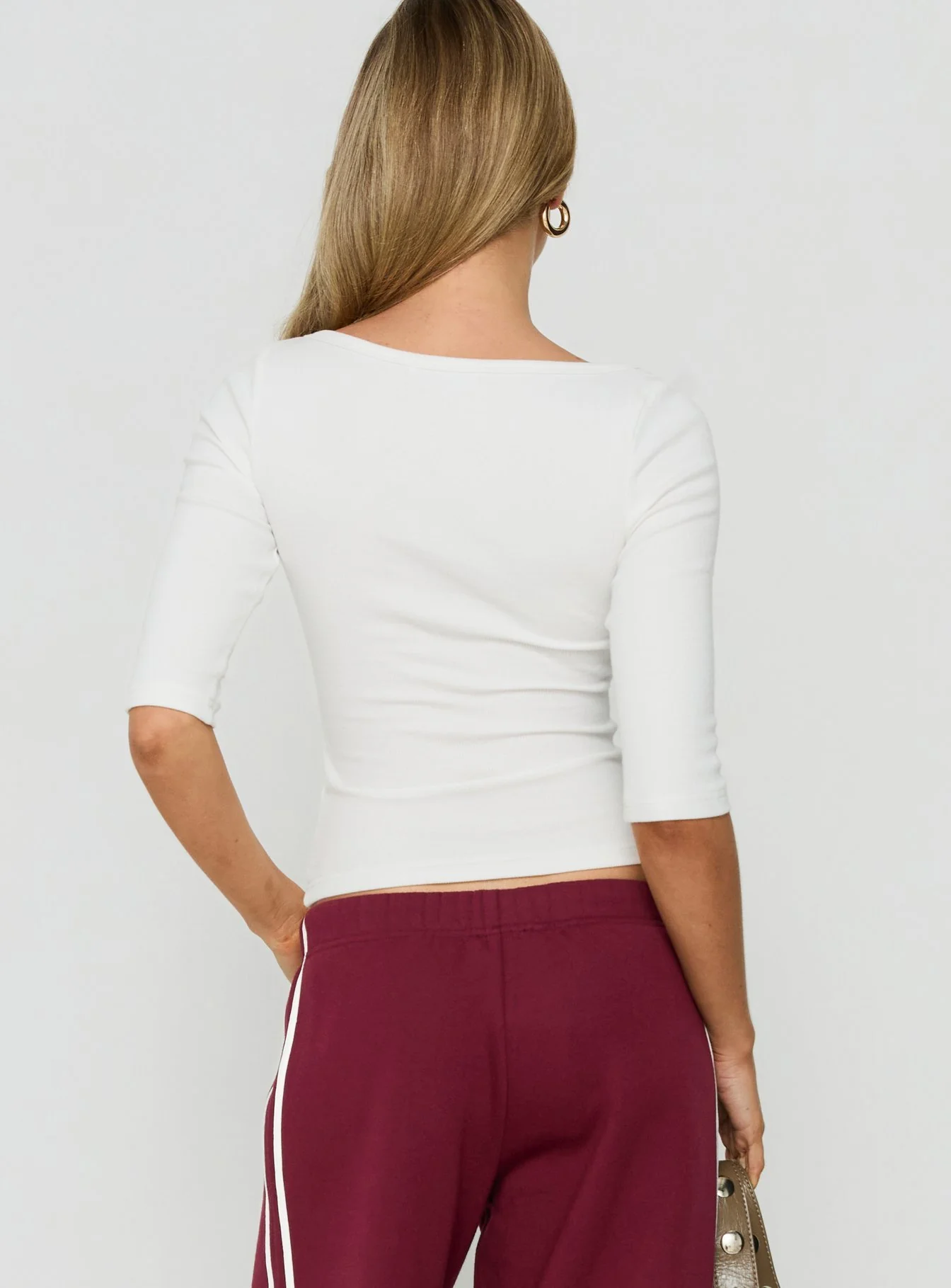 Baseline Rib V Neck 3/4 Sleeve Top White