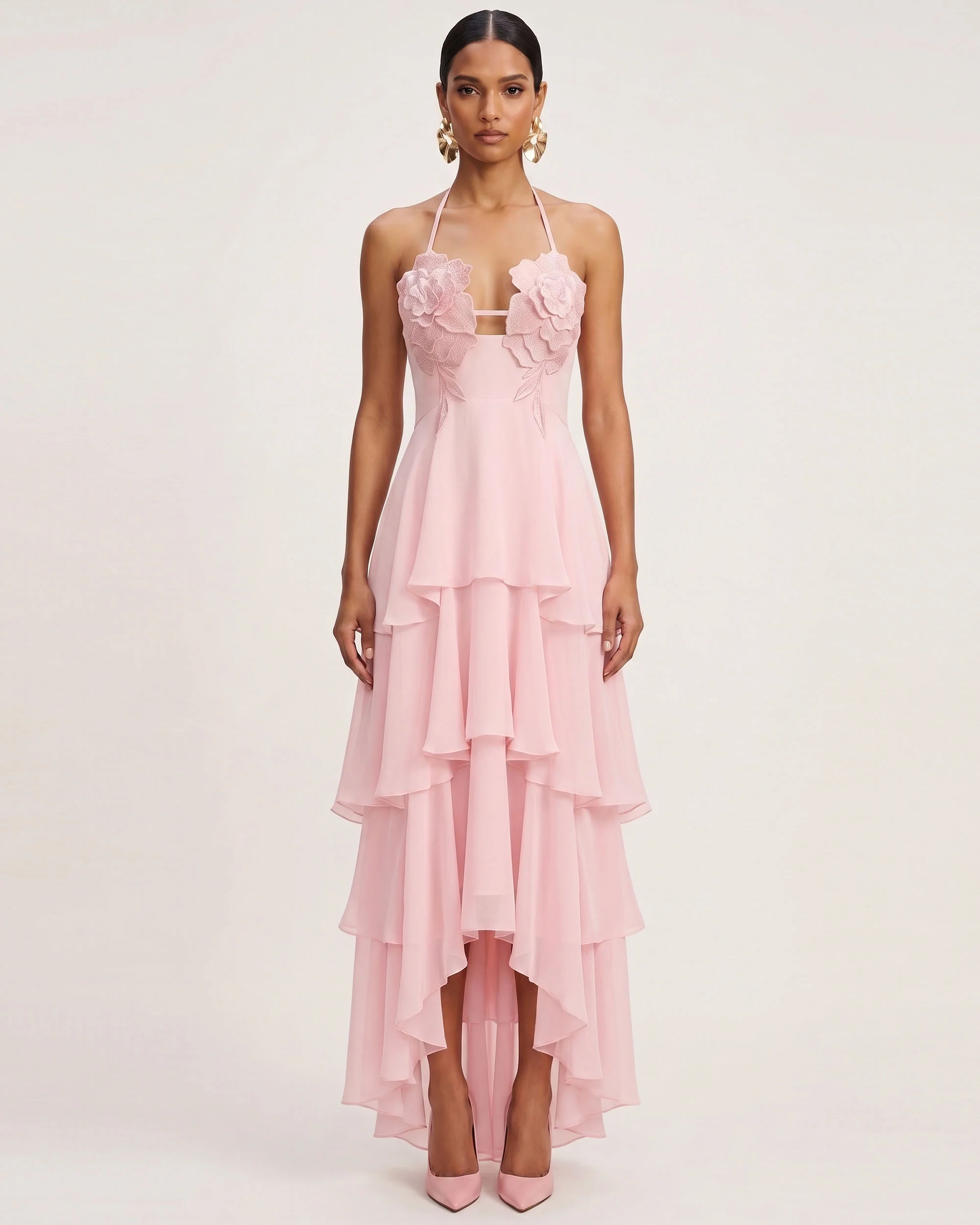Flower Embroidered Halter Layered Maxi Dress - Pink