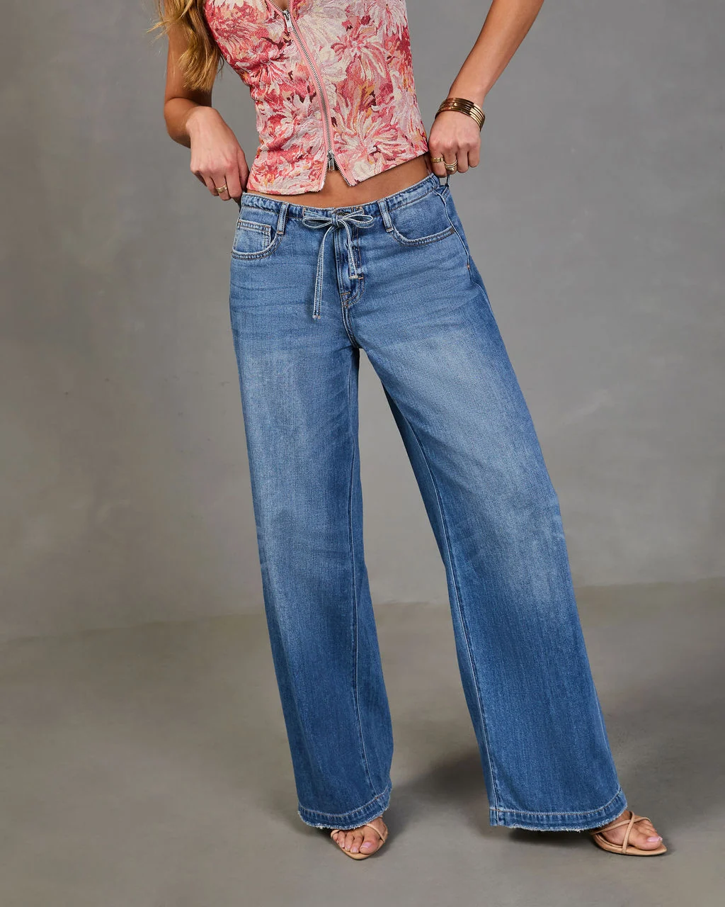 Nolae Wide Leg Low Rise Drawstring Waist Jeans