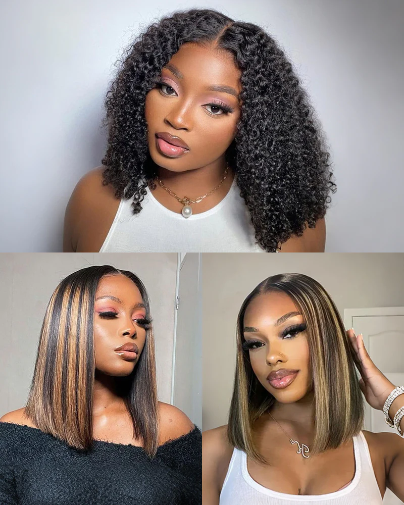 Ophirawig $69 Final Deal Price 12 Inch 6x5 Glueless Lace Balayage Highights/Natural Black/Auburn Highlights On Black Straight/Deep Curly Bob Wig