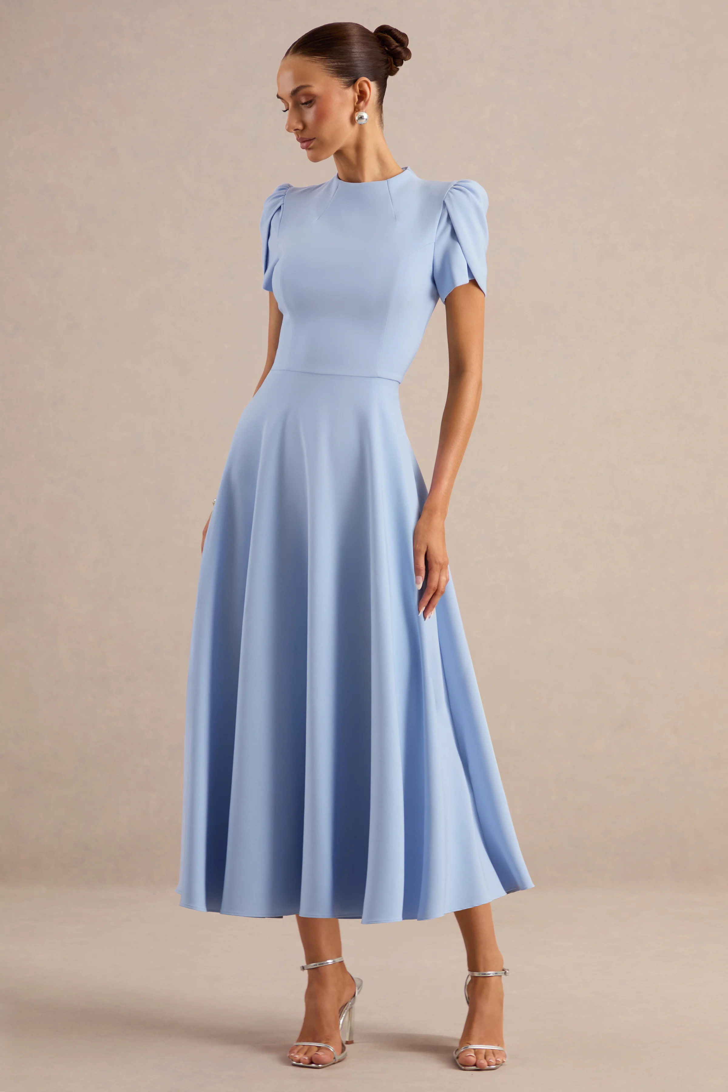 Vicky | Powder Blue High Neck Midi Dress With Puff Sleeves