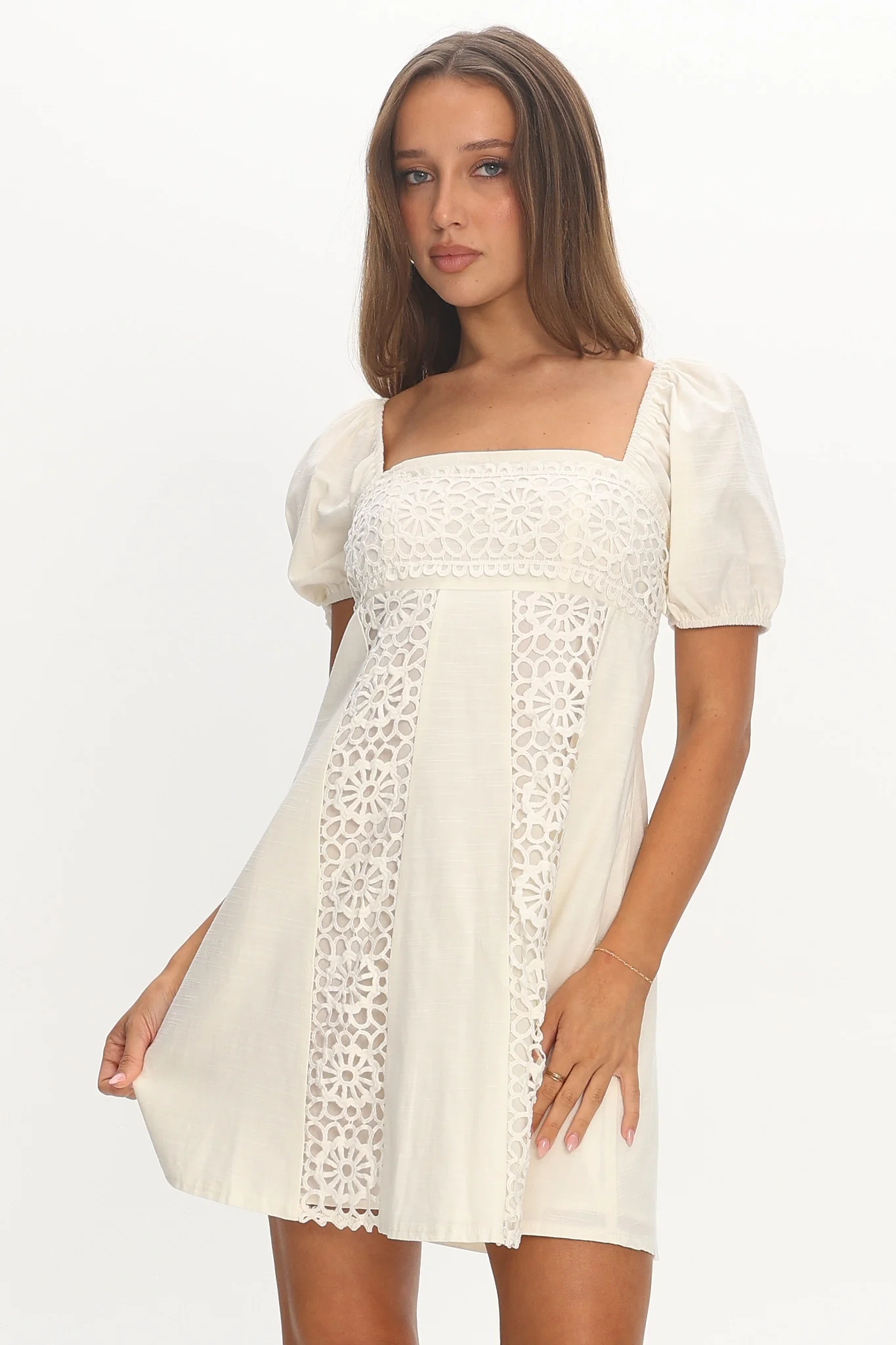 Highlight Reels Puff Sleeve Lace Mini Dress Cream