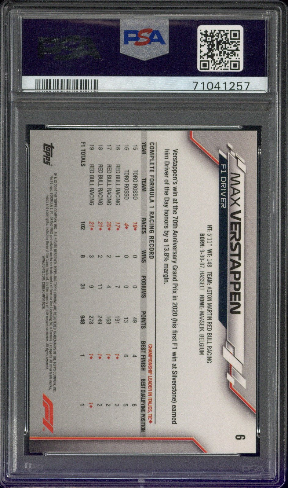 2020 Topps Chrome F1 MAX VERSTAPPEN #6 PSA 10