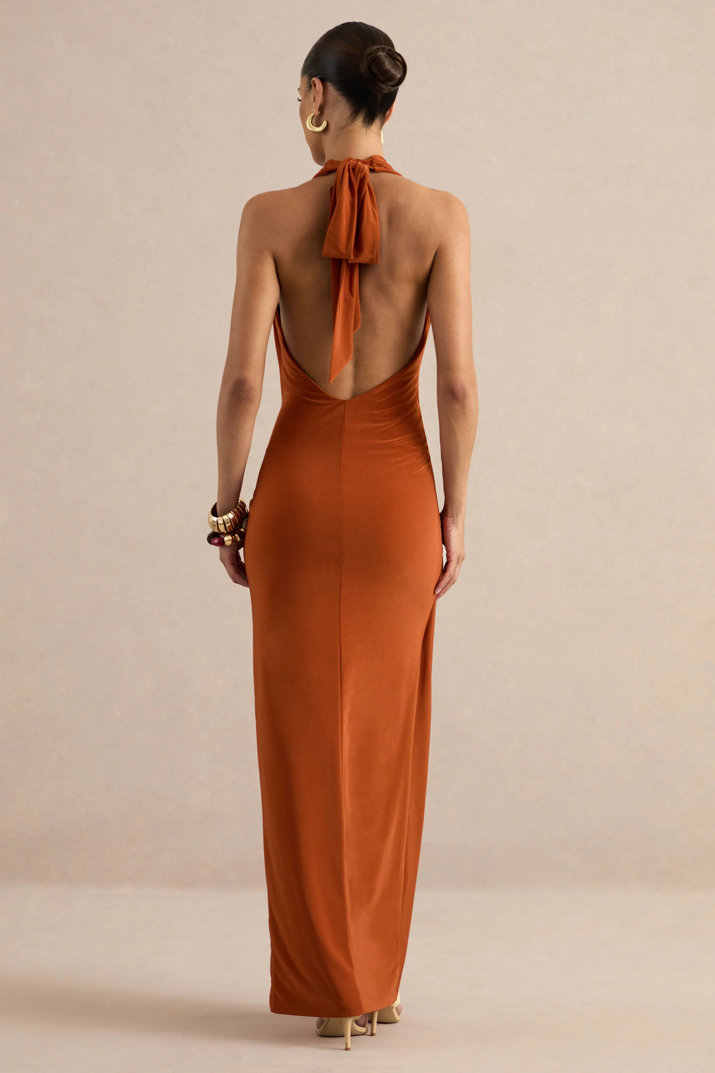 Azari | Rust Halter-Neck Wrap Maxi Dress With Gold Detail
