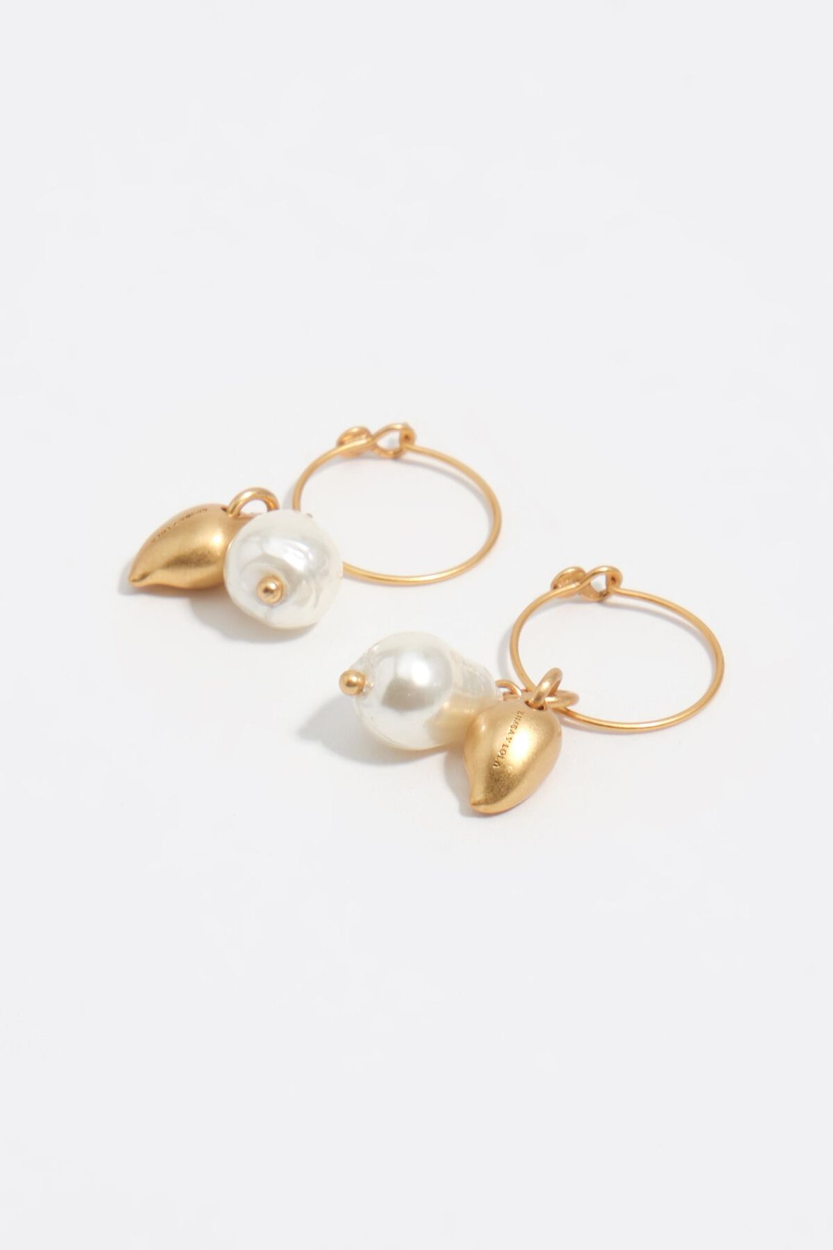 Aged gold pearl and seashell hoop earrings