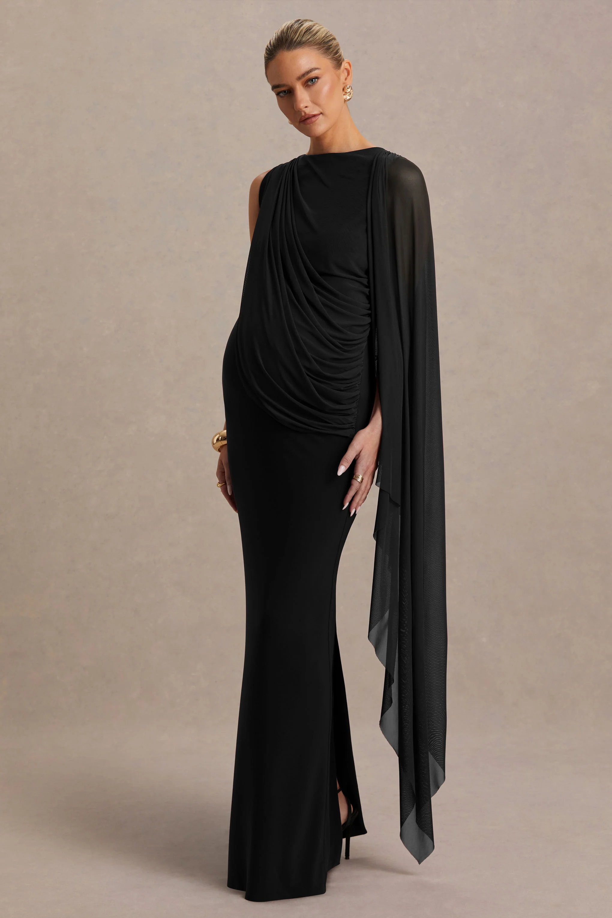Cristina | Black High-Neck Maternity Maxi Dress With Cape-Sleeve